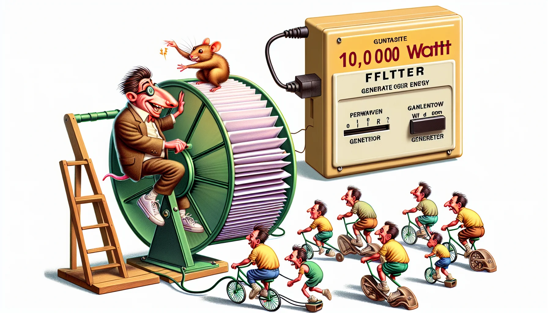 Compose an amusing image that illustrates the concept of a 10,000 Watt filter. This filter humorously encourages individuals to generate energy. The scenario could possibly include eccentric cartoon characters engaging in peculiar activities such as power-generating bicycles, shoe generators, or human hamster wheels to humorously demonstrate the challenge and excitement of generating 10,000 watts of electricity.