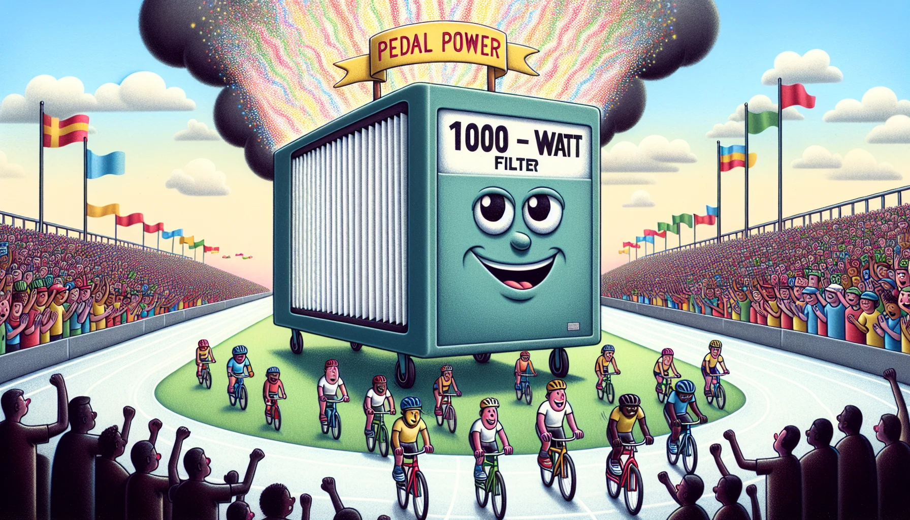 Visualize a whimsical and engaging scenario where a large 1000 - 2000 Watt Filter is the center of attention. This filter is anthropomorphized, with cartoon eyes and a beaming smile. It's participating in a bicycle race with a group of diverse people of various descents and genders, pedalling hard to generate electricity. Plumes of colorful sparks emanate from the filter, representing the generated power. The background is embellished with a cheering crowd of different people, a grandstand with flags, and a clear sky. The banner overhead reads, 'Pedal Power - Race for Clean Energy'.