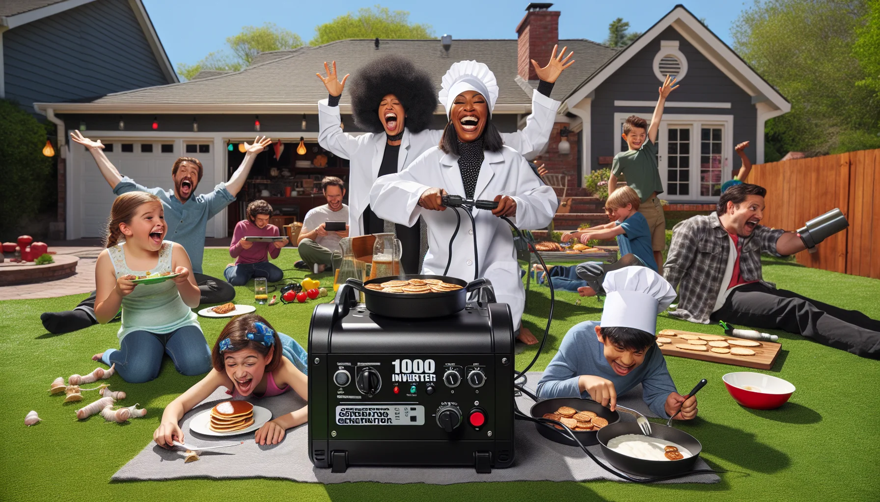 Create a playful, comical scene involving a 1000-watt inverter generator. On a sunny day, in a picturesque suburban backyard, there's a cheerful assembly of people from all walks of life. A Black woman dressed as a scientist laughs excitedly as she demonstrates how the generator works. A Caucasian man in a fluffy chef's hat uses the power generated to cook pancakes on an electric griddle. South Asian children spread out on the lawn, engrossed in a video game directly powered by the generator. Despite the different activities, everyone is united by the shared joy of generating electricity.