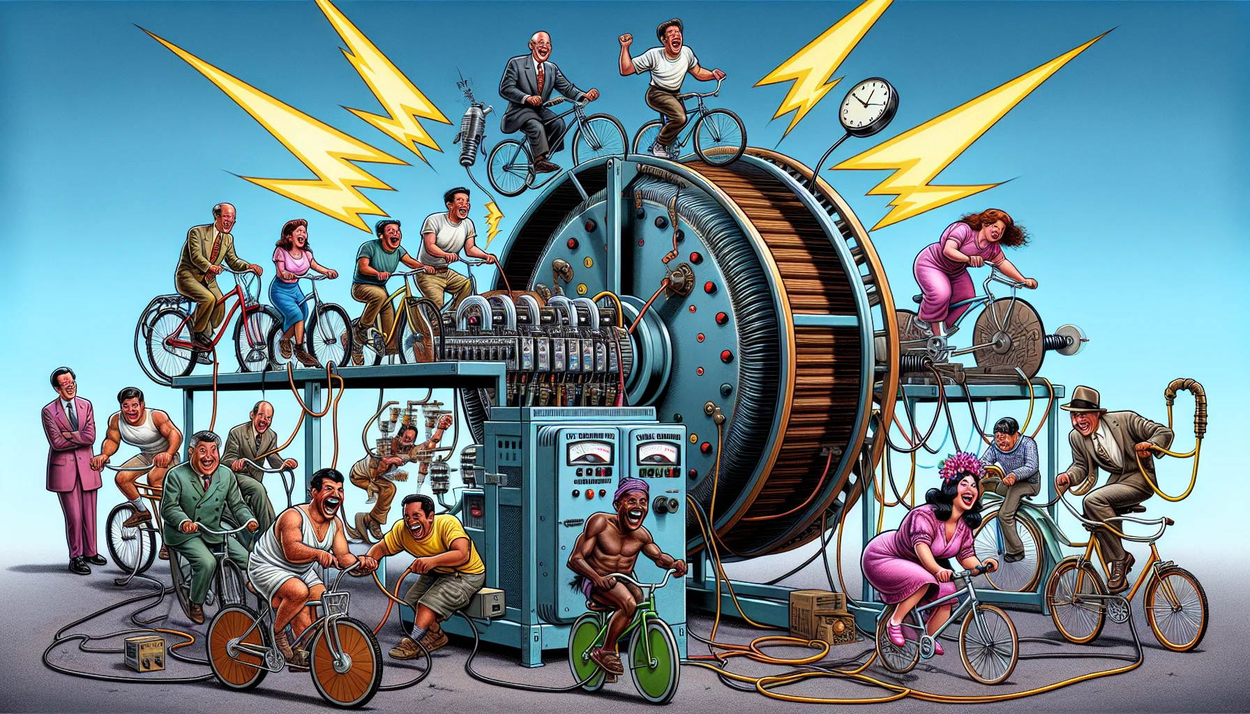 A highly detailed comedic scene featuring an enormous 11,000 Watt power filter ingeniously connected to a range of power-generating items. Picture a giant hamster wheel powered by a group of enthusiastic Middle-Eastern men and Cajun women running in unison, a group of multi-ethnic children gleefully cycling on stationary bikes connected to dynamos, and a South Asian woman and a Hispanic man laughingly trying to operate a giant old-fashioned manual crank together. Cartoonish lightning bolts underline the pure power generated, humorously styled to make electricity generation look exciting and engaging.