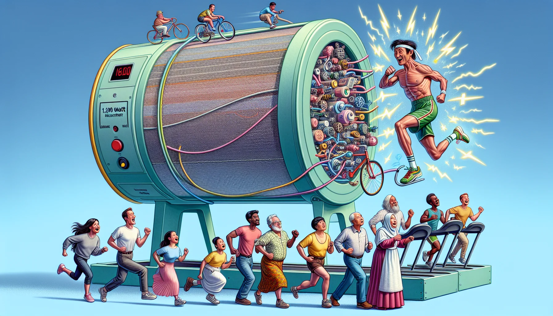 Imagine a 13,000 Watt electrical filter lodged in a hilarious circumstance. Perhaps it's engaging in a bicycle race with electrical gadgets, powered by its own energy and taking the lead. Or consider a human-sized filter on a treadmill, flexing its 'muscles' and generating sparks of electricity, while a group of diverse people, such as a Caucasian woman, a Hispanic man, a South Asian elderly woman, and a Middle-Eastern young boy, look on in amazement and laughter. The overall vibe should be playful and whimsical, elegantly nudging the viewer to reflect on alternate exciting ways of generating electricity.