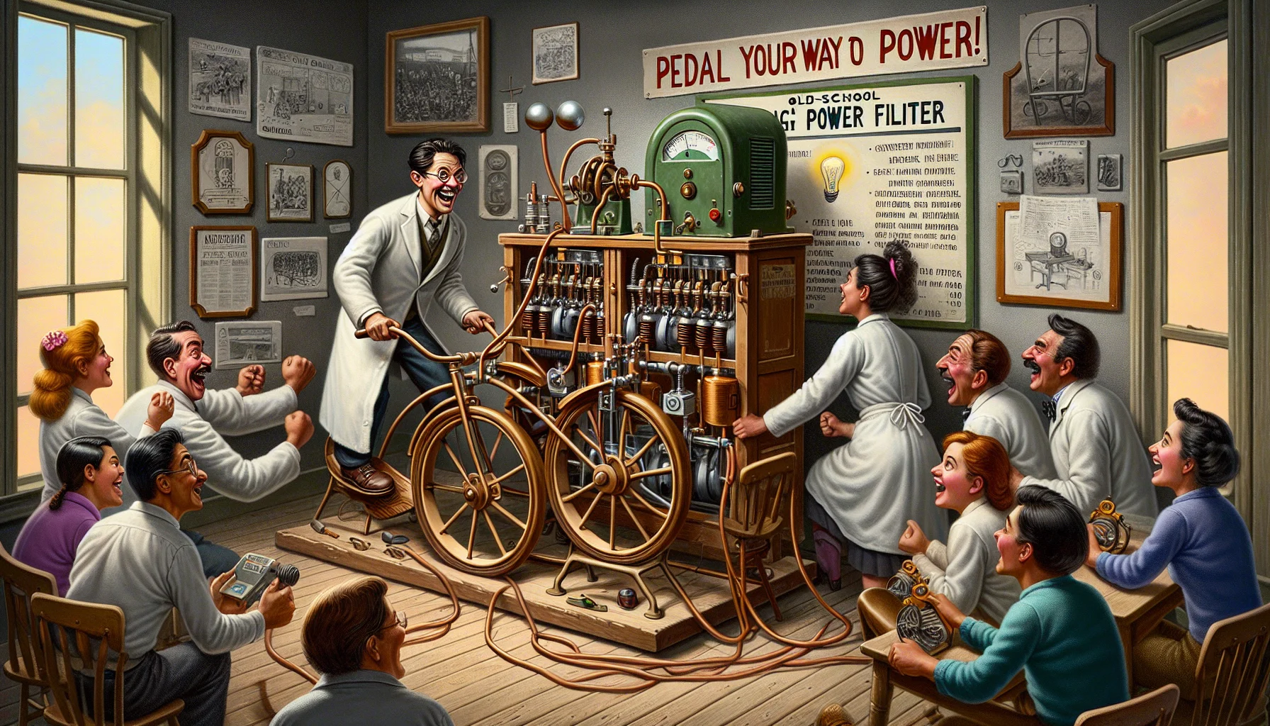 Imagine an amusing scenario, set within an old-school science fair. In the middle of the scene, prominently place a large 1800 Watt power filter, laboriously crafted with brass fittings and copper cabling. It seems to have two pedals attached like a bicycle. Next to this device is a lighthearted display board playfully titled, 'Pedal Your Way to Power!' On the side, a couple of lively Hispanic female scientist and an enthusiastic Middle-Eastern male physicist, are encouraging a diverse crowd of people to try pedaling the device to generate electricity. The moment is filled with laughter, light bulbs flickering, and a sense of community learning.
