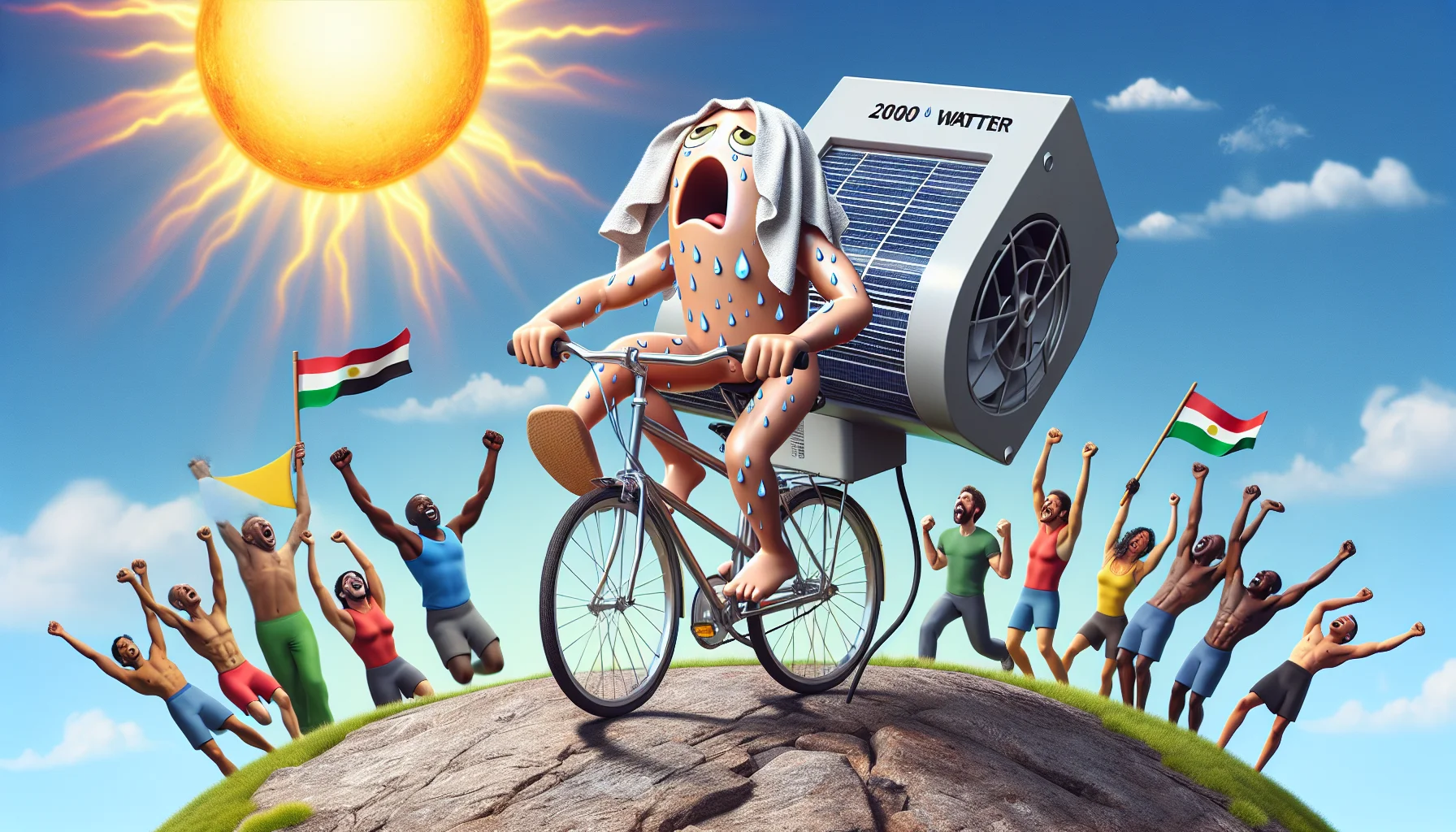 Generate a comedic illustration featuring a 2000 Watt Filter device engaged in a human-like scenario to encourage electricity production. Imagine this device with human arms and legs, riding a bicycle atop a hill against a sunny backdrop, playfully struggling to pedal. The filter seems to be sweating bullets, with a distressed yet determined expression on its face. In the background, are cheering onlookers of diverse ethnicities including Caucasian, Black, Hispanic, Middle-Eastern, and South Asian, nicely capturing a global unity on renewable energy. Give this image a beautiful blend of humor and meaningful imagery, emphasizing the importance of sustainable power.
