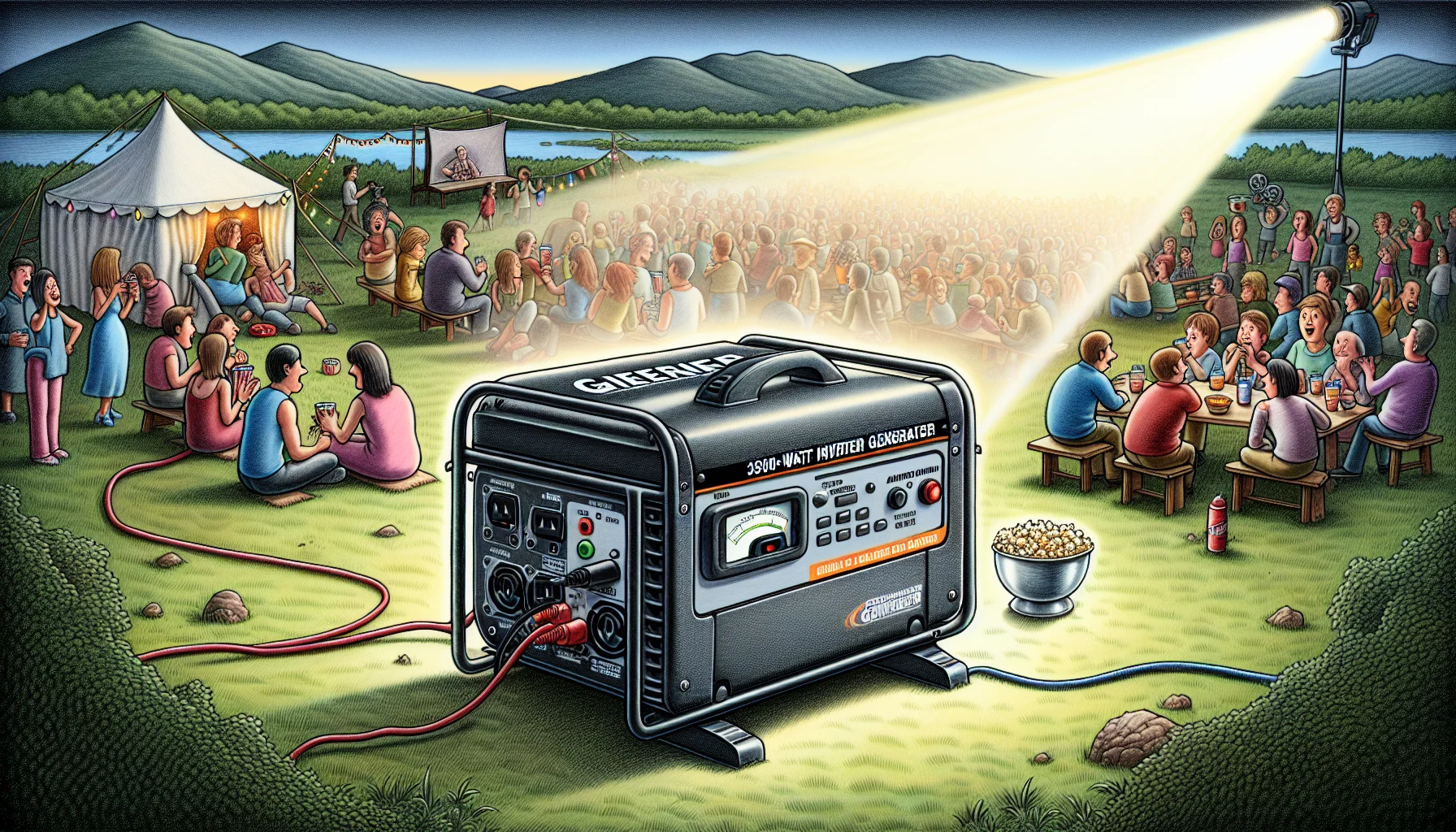 Illustrate a humorous scene of a 3500-Watt Inverter Generator as the life of the party. This generator, carefully detailed with control panel and outlets, is set up in a field with natural landscapes on one side and an outdoor party on the other side. People from diverse descents and genders are gathered around it, fascinated and amused. They're using the generator to run various amusing appliances such as disco balls, a popcorn machine, and an outdoor cinema showing a slapstick comedy. The light from the generator creates a spotlight, adding drama to the scenario, hence highlighting the concept of enticing people to generate their own electricity.