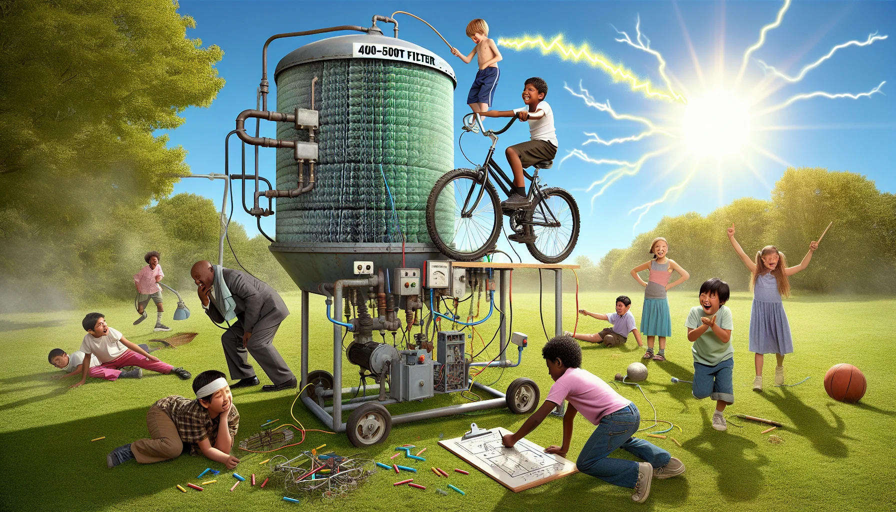 Create a comedic scene of a 4000-5000 Watt Filter ingeniously repurposed to generate electricity. Picture a verdant grassy field, under the brilliant summer sun. In the middle, is the bulky machine; unexpectedly, instead of stodgy engineers, a group of children playing around it, each attempting their own innovative methods. A Middle-Eastern boy pedals furiously on a bike attached to the filter, while an Asian girl giggles while turning an old-school hand-crank. A Hispanic teenager explain theoretical principles with chalk on the machine, and a Black girl showcasing hurry in setting up a makeshift windmill. Electricity sparks joyously from the filter, adding to the humor.