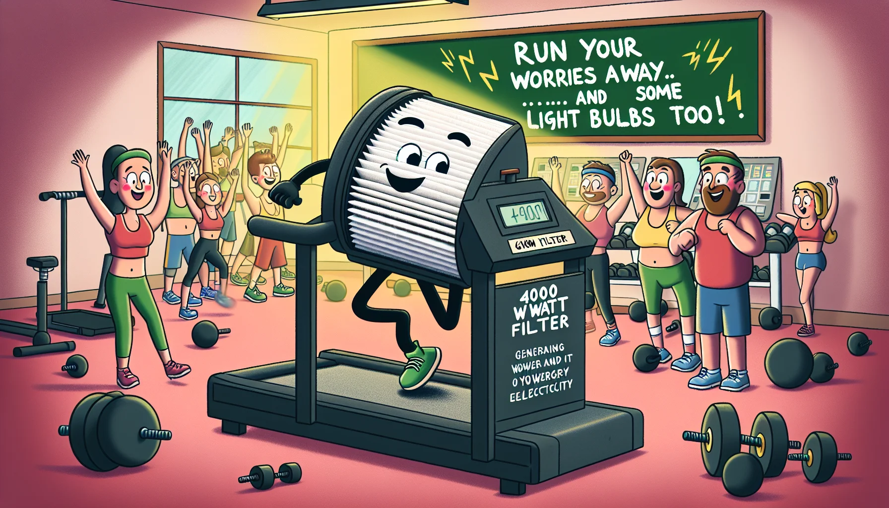 Create an image of a whimsical scenario centered around a 4000 Watt Filter. The filter might be personified, with cartoonish eyes and smile, doing a treadmill workout in a gym, generating electricity for other gym equipment. Enthusiastic gym-goers of diverse descents and genders admire the filter’s energy-producing capability. In the background, a chalkboard humorously promotes the idea with a slogan like, 'Run your worries away...and some light bulbs too!' The overall setup should inspire and entertain viewers, making them think about generating electricity in a fun and active way.