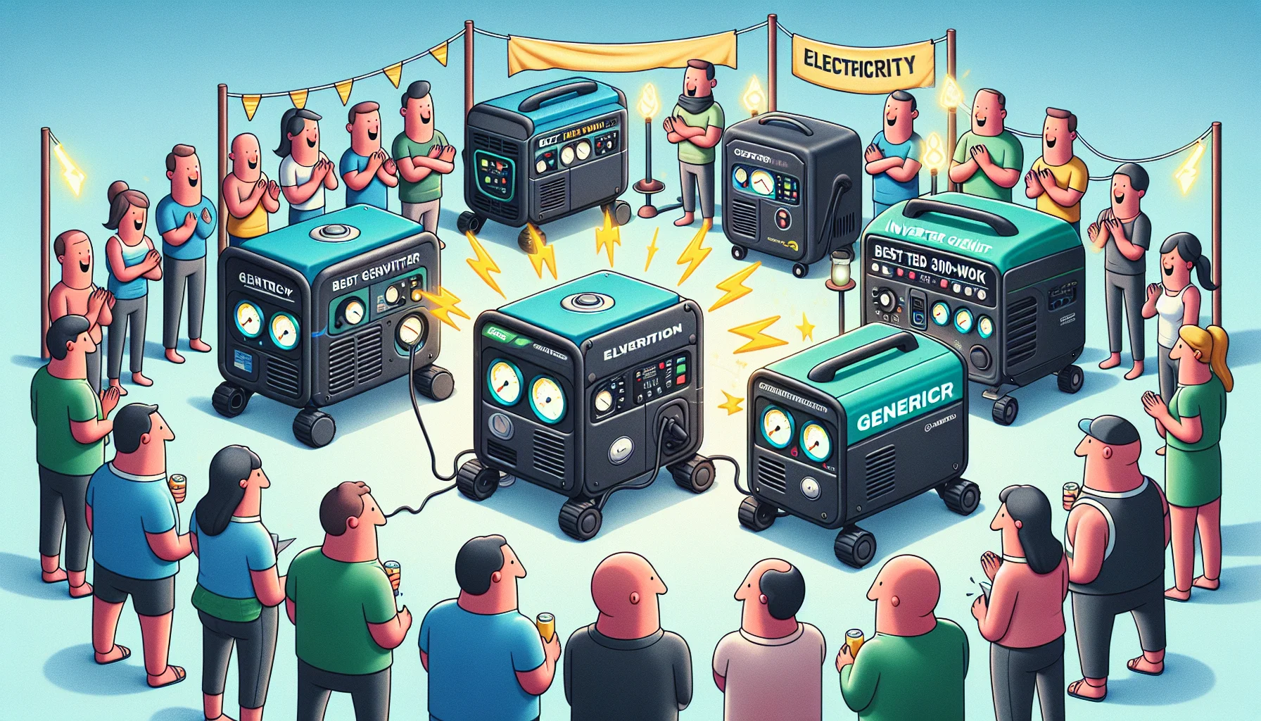 Create an image of a humorous scene that features a range of best 3000-Watt Inverter Generators. They are anthropomorphized and interacting with each other, as if they are having a contest to see who can generate the most electricity. There are visual indications on each generator to signify the electricity they produce like sparkling light or glowing dials. All this is taking place in an outdoor setting, convincingly signaling the power and efficiency of these generators while inspiring people to create their own electricity. Some onlookers, represented as a diverse group of men and women of different descents, stand around observing and cheering the generators. Please ensure the scene is lively, inviting and humorous.