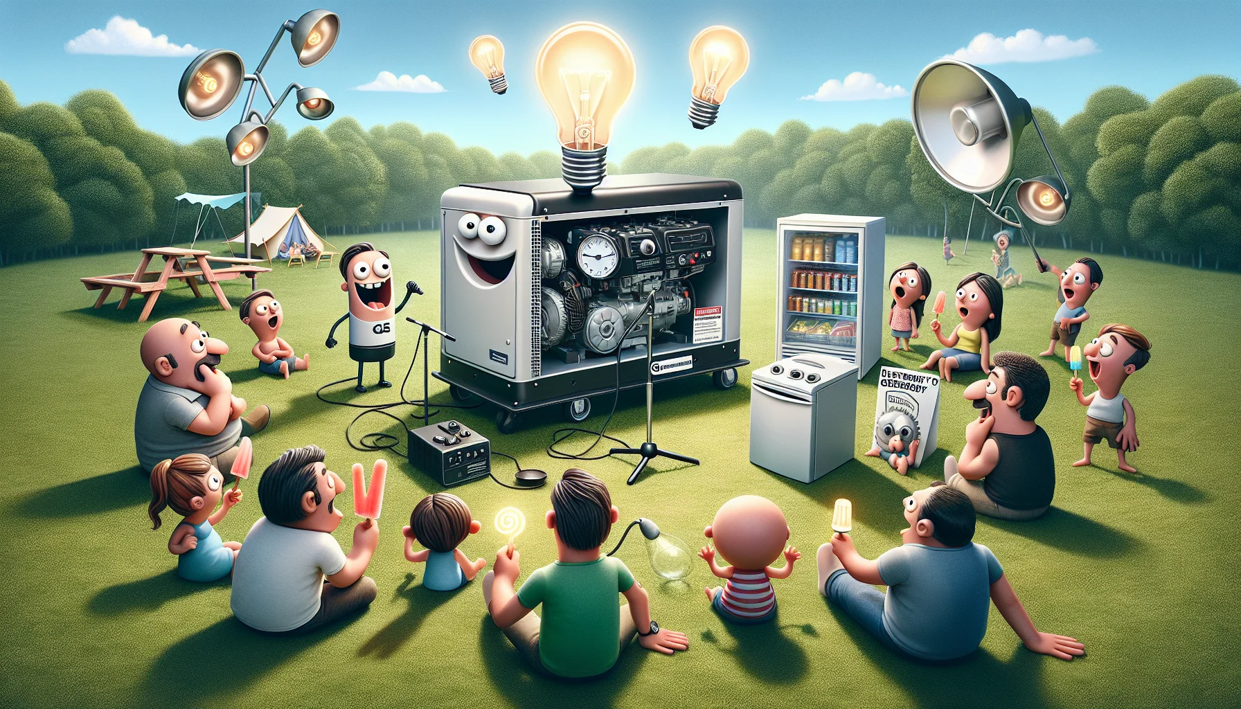 Create a humorous scene that promotes the use of electricity generation equipment. Picture a backdrop of an outdoor family picnic in a sunny park with lush greenery. A group of five generators are anthropomorphized as cartoon characters with googly eyes and wide grins. The largest one, a trustworthy figure, is speaking, using a singular lightbulb as a microphone, to a surprised but listening audience of diverse people. A small generator is performing a juggling act with light bulbs, while another is powering a mini fridge, out of which a fourth generator is sneakily stealing a popsicle. The smallest generator of all is blowing bubbles that light up like tiny lamps. The overarching message is of reliability, energy, and light-hearted amusement.