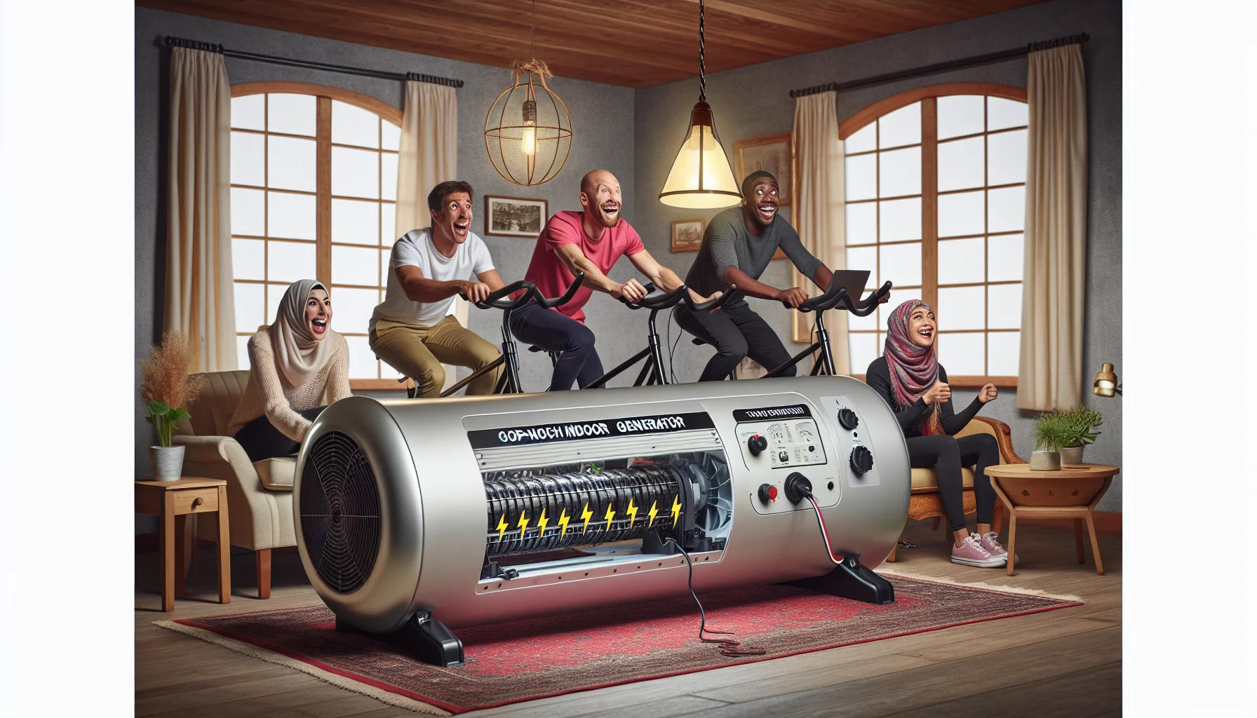 Create an image of a humorous scene in a cozy, well-decorated living room, where an unexpected feature is a top-notch indoor generator. The generator is modern, compact, and shiny silver in color. A group of individuals, a Caucasian woman, a Hispanic man, a Middle-Eastern woman, and a Black man, who appear amused, are enthusiastically pedaling stationary bikes attached to the generator to create electricity. On a side-table is a lamp connected to the generator, brightened by the power created by their pedaling. The scene demonstrates in a fun way how indoor generators can be used to generate electricity.