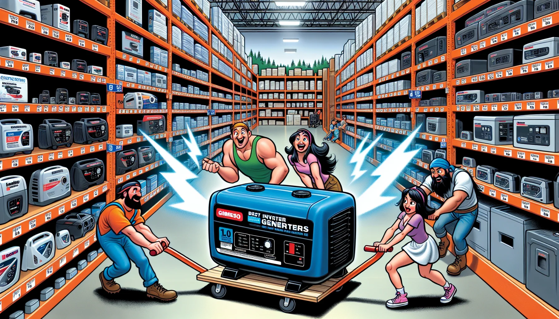 Visualize a humorous scene of a home improvement store aisle humorously labeled as 'Best Inverter Generators'. Arrange a few top models of inverter generators on the shelves. Then illustrate the character from a classic fairy tale, like a gender-balanced mix of Jack & Jill with a variety of ethnic backgrounds - Caucasian, Hispanic, Black, Middle-Eastern, and South Asian. They're trying to wheel out a massive, behemoth of an inverter generator. But this generator is absurdly large, comically dwarfing everything else in the store. Include laughing and having fun as they struggle to push this giant generator. Incorporate a bright, electric blue bolt of lightning soaring out from the top, symbolizing the high power generated by these generators.