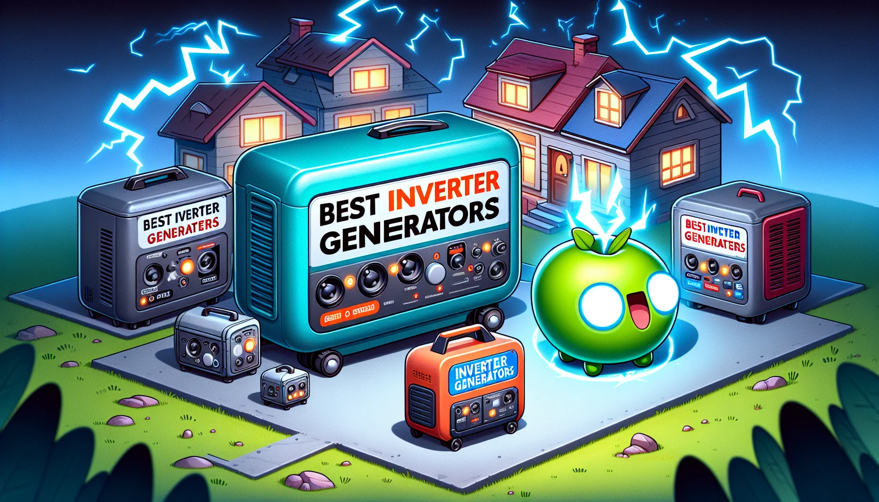 A cartoon-style image showcasing a list of the 'Best Inverter Generators'. These generators vary in size, shape, and color, each containing a playful label with a catchy and funny tagline related to electricity generation. The largest generator is turquoise and resembling of a friendly robot with a surprised expression, while the smallest one, in a comical twist, is a tiny, cute, apple-green generator sparkling with electricity. The background scene depicts an animated suburb with a power blackout, and contrastingly, one house in the center, powered by these humorous inverter generators, is brightly illuminated, drawing attention towards it and emphasizing the importance of these generators.