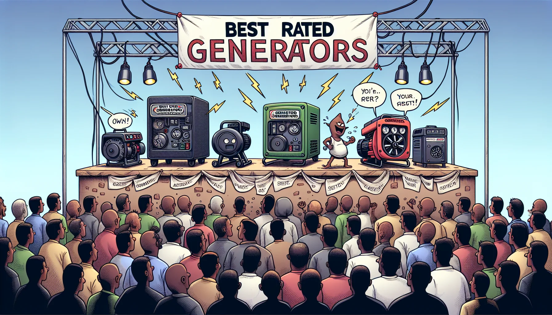 Create a comic-like and realistic scene of a generator competition. There are multiple generators of various shapes and sizes that are on a makeshift stage under a large banner that reads 'Best Rated Generators.' Each generator displays its unique characteristics and is anthropomorphized, expressing distinct, humorous personalities like cheeky, nervous, confident, etc. A large, enthusiastic, diverse crowd of men and women of varied descents like Hispanic, Black, White, Middle-Eastern, and South Asian watches with interest. Incorporate elements to display that this is a competition to produce electricity, such as bright light bulbs and wire connections.