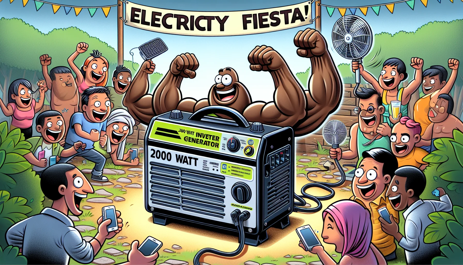 Create a humorous scene featuring a 2000 watt inverter generator brandished like a champion, set up in an outdoor environment. Surround it are cartoonish characters from different descents, such as a Caucasian woman, an African man, a Middle-Eastern person and a Hispanic individual, all in awe and amazement. They are all laughing and having fun, engaged in silly antics, holding out their electronics to power like cell phones, laptops, and fans. The generator should be depicted with humorous characteristics such as animated grinning face and muscular arms. Include a banner above, saying 'Electricity Fiesta' providing a sense of excitement and drawing people into the scene.