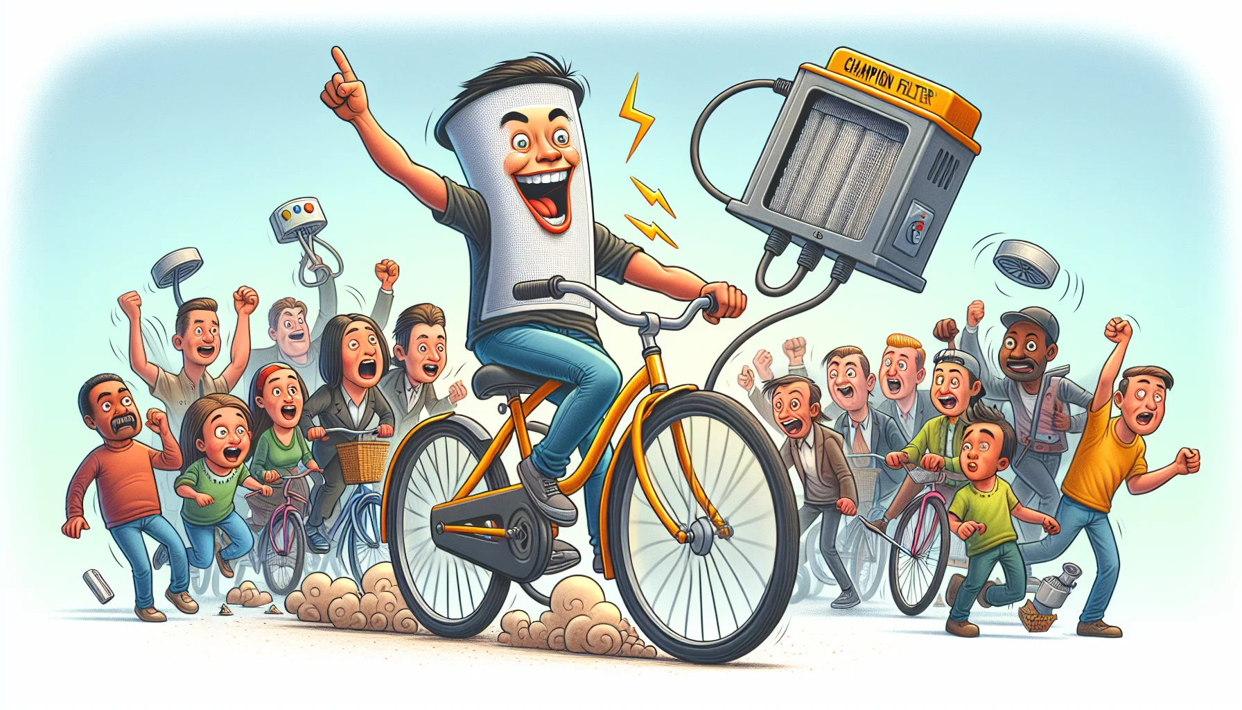 Generate a humorous yet realistic image featuring a character known as 'Champion Filter'. In this scenario, Champion Filter is cleverly and enthusiastically encouraging people to create their own electricity. He's using a bicycle-powered generator to demonstrate, while looking surprisingly energized and cheerful. Around him, people of various descents and genders are watching in awe and amusement. Some of them are starting to join in the effort, riding their own bicycle-generators with equally enthusiastic expressions. The overall environment is vibrant and captivating, effectively serving to inspire people towards eco-friendly practices.