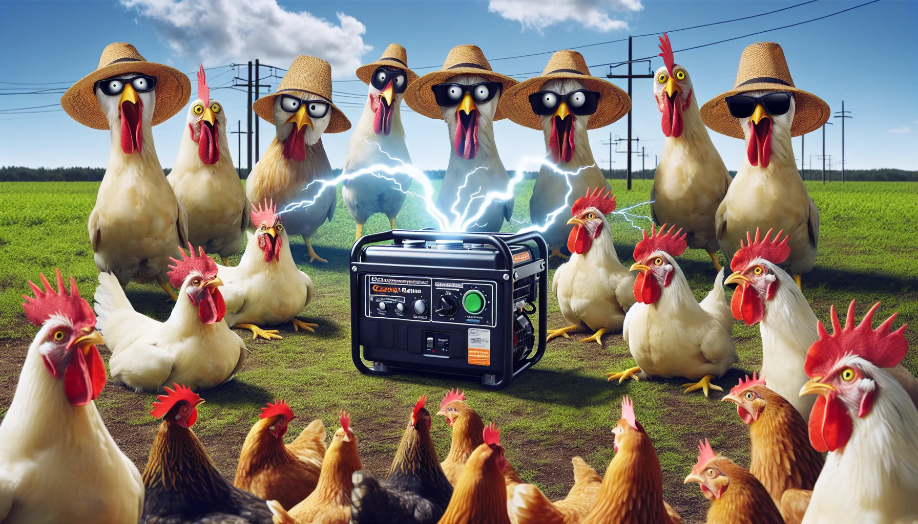 Create an imaginative scene that tickles the viewer's funny bone. In this scene, it's a cool, sunny afternoon and a perplexed group of chickens, with their feathers standing on end, all looking towards a cluster of portable generators humorously personified. Each generator shows distinctive human-like characteristics and wears an amusing expression on its 'face'. A pair of straw hats are tipped on their 'heads', and they're sporting thick, comic glasses. Electricity arcs playfully between them, indicating their commanding power. Behind, a banner reads, 'Become the Maestro of Power Generation!'. Set in a farm with lush green fields and a beautiful clear sky as a backdrop.