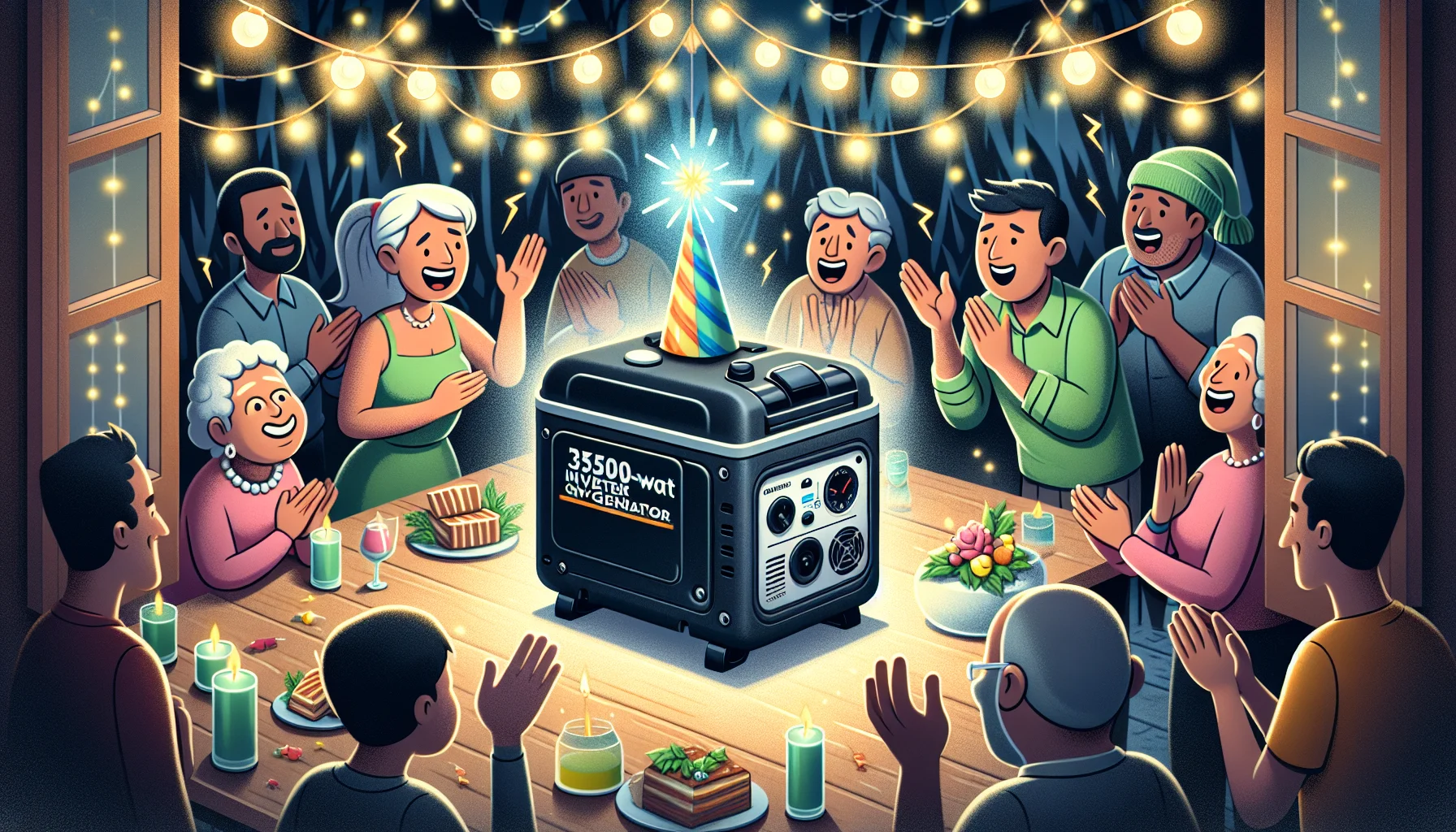 Create a whimsical scene featuring a 3500-watt inverter generator in the center of attention. It's wearing a party hat and surrounded by people of different genders and descents - a Caucasian man and a Hispanic woman fascinated by the generator, a Black elderly lady applauding it with a smile, and a young Middle-Eastern boy in awe. They are throwing a party in an outdoor setting, with fairy lights dim due to low power. Suddenly, the generator springs to life emitting bright, colorful sparks that light up the bulbs, causing subsequent laughter and excitement among the people.