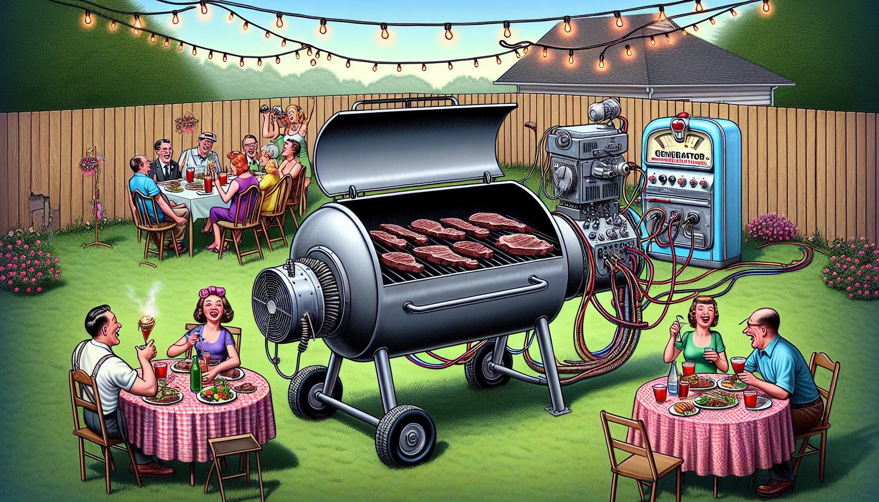 A funny and enticing scenario showcasing a fictitious power generator filter. Picture this, there's a backyard barbecue party underway. To the left, there's an oversized charcoal grill filled with sizzling steaks. The grill is humorously hooked up to a large, complex-looking power generator filter. The filter transforms the grill's smoke into an electrical energy source, powering twinkling fairy lights strung around the yard and lively music being played from a retro jukebox. To the right, party guests of diverse gender and descent are shown marvelling at this innovative setup, laughing, and snapping photos. The scene conveys humor, innovation, and the spirit of practical creativity.