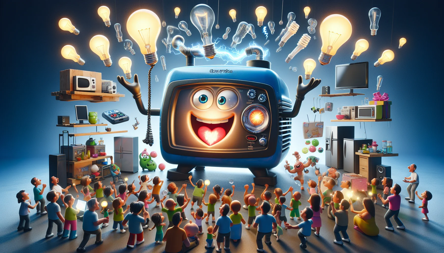 Imagine an amusing scene involving a home generator, seemingly alive with personality, in a compelling setting that sparks interest in generating electricity. This cheerful generator, with cartoonish eyes and a glowing, power 'heart', is seen actively producing electricity for various daily appliances like a television, a computer and a refrigerator that are conscientiously spread around. With a humorous twist, it's juggling lightbulbs like an experienced circus performer, while producing small zaps and sparks to entertain an enthusiastic audience, composed of a diverse group of adults and children from different descents including Asian, African, Caucasian and Hispanic. This highly evocative scene creates an inviting and appealing aura around the concept of electricity generation.