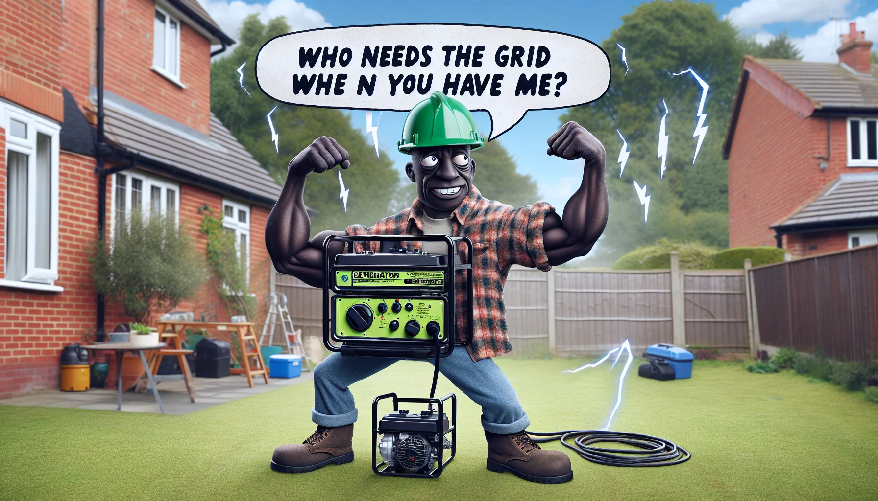 Create a detailed, humor-filled scene of a middle-aged, Black male, donning a green safety helmet and a flannel shirt, working with a portable generator in a suburban backyard. The generator is anthropomorphized and is making a humorous 'flexing muscles' pose, with a comic bubble emerging from it that contains the text 'Who needs the grid when you have me?'. Flying around it are tiny lightning bolts, representing electricity. This image should suggest an inviting and entertaining atmosphere around generating electricity at home.