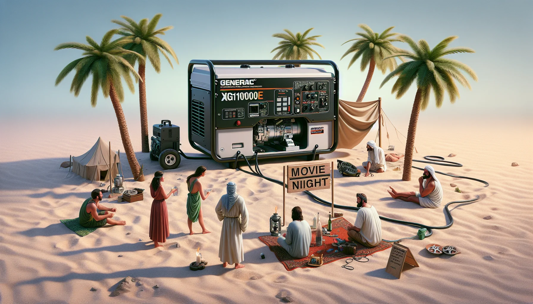 Create a detailed and realistic image of a Generac XG10000E Generator situated in a humorous scenario. The situation is a desert island with palm trees, where we see a few people of different descents and genders, looking utterly puzzled by a 'Movie Night' sign next to the generator. The film projector is connected to the generator, with hints of an open-air movie setup. The humor arises from the discrepancy of having a high-tech device in a primitive situation, coupled with the idea of generating electricity to entertain oneself in an otherwise desolate environment.