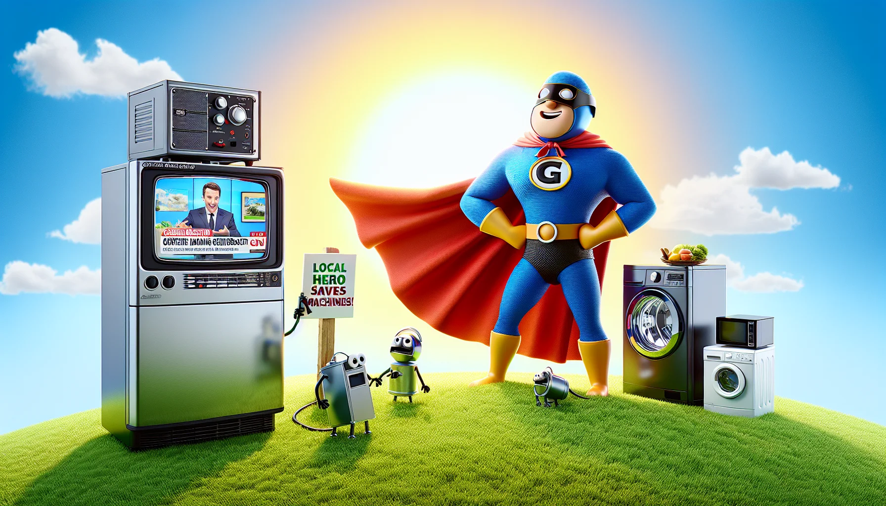 Create an image in a realistic style showing an XT8500EFI generic brand generator in a lighthearted and amusing situation. Illustrate the generator wearing a superhero cape and mask, representing it as 'Captain Power'. It stands triumphantly on a grassy hill, against a sunny backdrop. Surrounding it, illustrate a group of domestic machines - a refrigerator, a TV, a washing machine - looking awestruck, as though meeting their superhero. The TV should be displaying a satirical anchor reporting on this whimsical event, captioned 'Local hero saves machines from power outages!'. Keep the scene vibrant and light-hearted to entice people to generate electricity.
