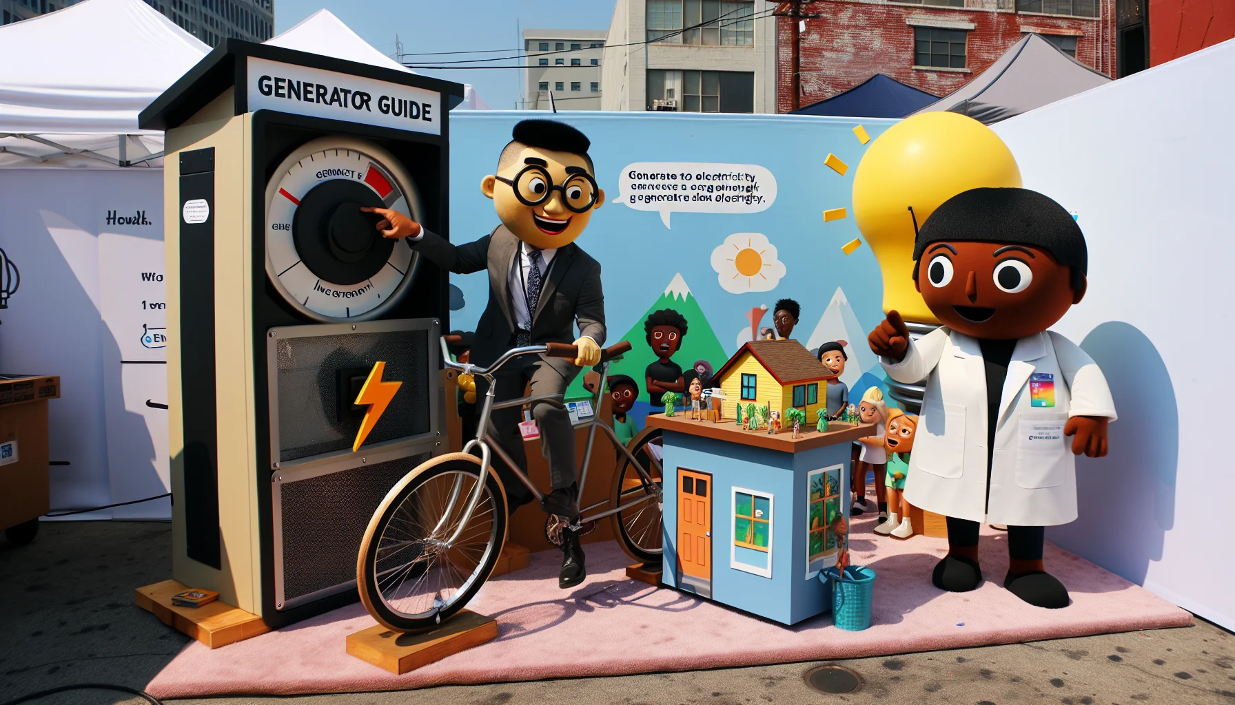 Design a humorous setting where animated human mascots personifying 'Generator Guides' and 'Insights' are encouraging people to generate electricity. The scene is set at an outdoor community fair. The Generator Guide, an Asian man with glasses and a suit, is enthusiastically holding an oversized switch connected to a mock-up of a sustainable home powered by a bike generator. Next to him, the Insight mascot, a Black woman wearing a scientist lab coat and holding a huge light bulb, is explaining the advantages of clean energy to an intrigued audience with people of varied gender and descent. The surrounding is filled with banners containing clever puns about electricity and sustainability. 