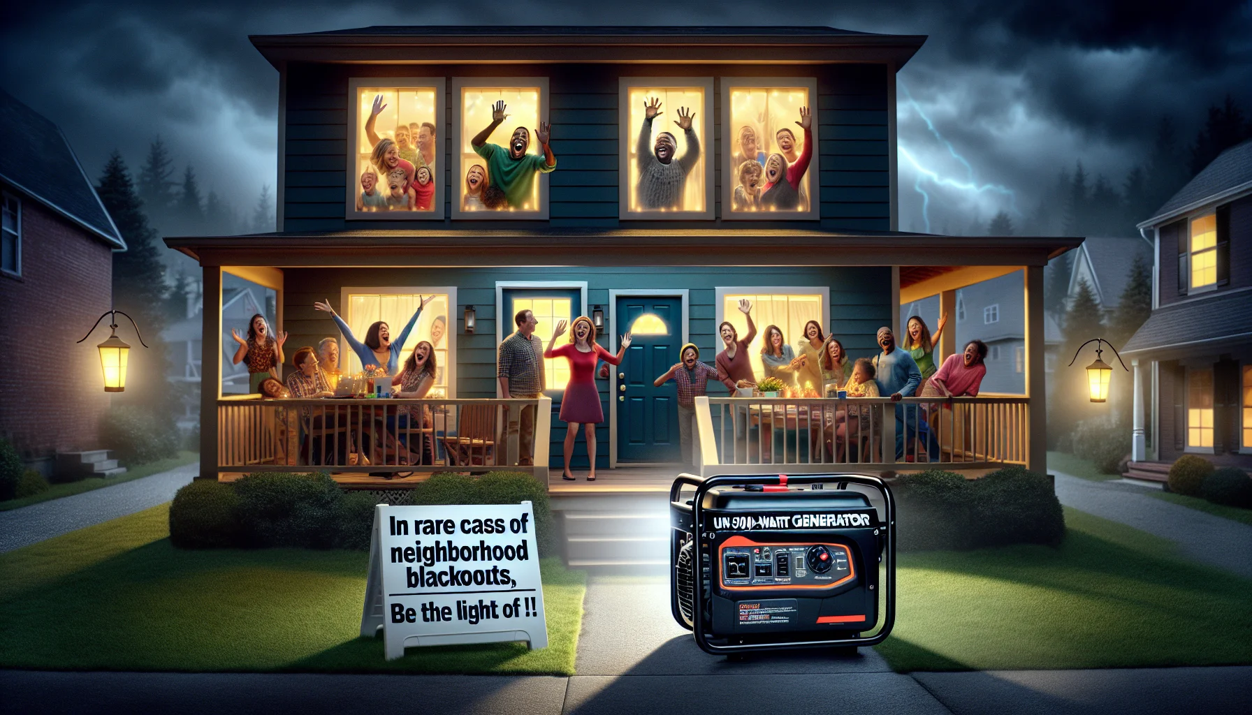 Create a humorous and enticing image showing an unbranded portable 5000-watt generator. In the scene, an amused group of people from diverse descents wave through the windows from a brightly lit house in the middle of the night, surrounded by darkness, the house alone is gleaming with lights. A sign placed next to the generator humorously reads, 'In rare cases of neighborhood blackouts, be the light of the party!'. Each person emits joy and surprise at the working generator power, as they enjoy their late-night activities in the warm light, while their neighbors' homes lay dark in the background.