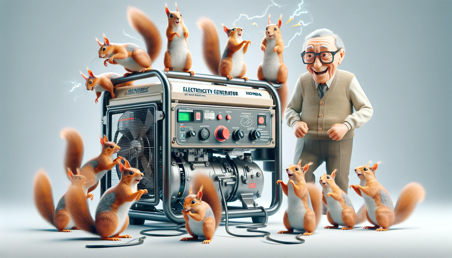 Create a realistic and humorous scene that features a generic portable electricity generator (similar in size and shape to the Honda EU-2200i) being operated by an enthusiastic band of squirrels. The scene should be cheerful and light-hearted, showing the squirrels scampering around and on top of the generator as if they are the ones running it, with little bolts of cartoon-style electricity occasionally sparking out. Also include an elderly squirrel wearing spectacles, standing to the side with an approving smile as it supervises the shenanigans. This image should represent the theme of generating electricity in a fun and quirky way.
