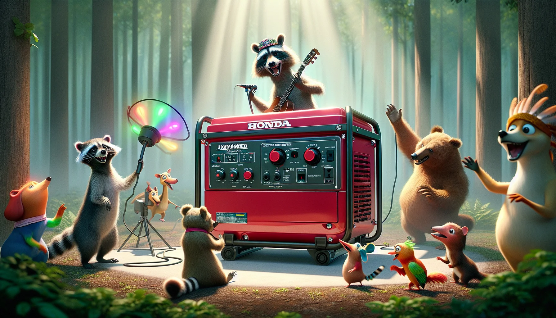 Imagine a humorous scenario featuring an unbranded, portable generator similar to the Honda EU3000is model. The generator is brilliantly red and compact, with control knobs and outlets exhibited prominently. An array of cartoon animals – a clever raccoon, a jolly bear, and a bird with an adorned feather cap – are trying to operate it in a flawlessly orchestrated teamwork. The scene is set in a serene forest, with light sunshine penetrating through the dense canopy. The animated creatures appear enthusiastic and inspired as they unwittingly instigate a mini disco in the woodlands, complete with multicolored lights, powered by the generator. Their comedic efforts aim to appeal to onlookers and promote the importance of generating electricity in a fun, engaging manner.