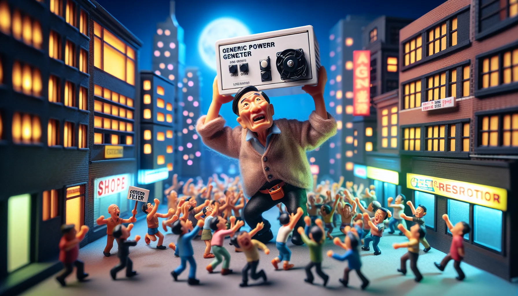 A humorous scenario showcasing a generic power generator's filter: Imagine a miniature cityscape lit up with neon lights, evoking a lively night-time atmosphere. Suddenly, a power outage sweeps across the city, causing everything to go dark. Panicked, the tiny city-dwellers run around in confusion. However, relief washes over them as one of the citizens, an elderly Asian man with a humorous expression and a tool belt, steps forward. He holds up a gleaming power generator's filter like a prized possession. The crowd shares a laugh, lifts him onto their shoulders, and cheers excitedly, eager to restore electricity to their city once again.