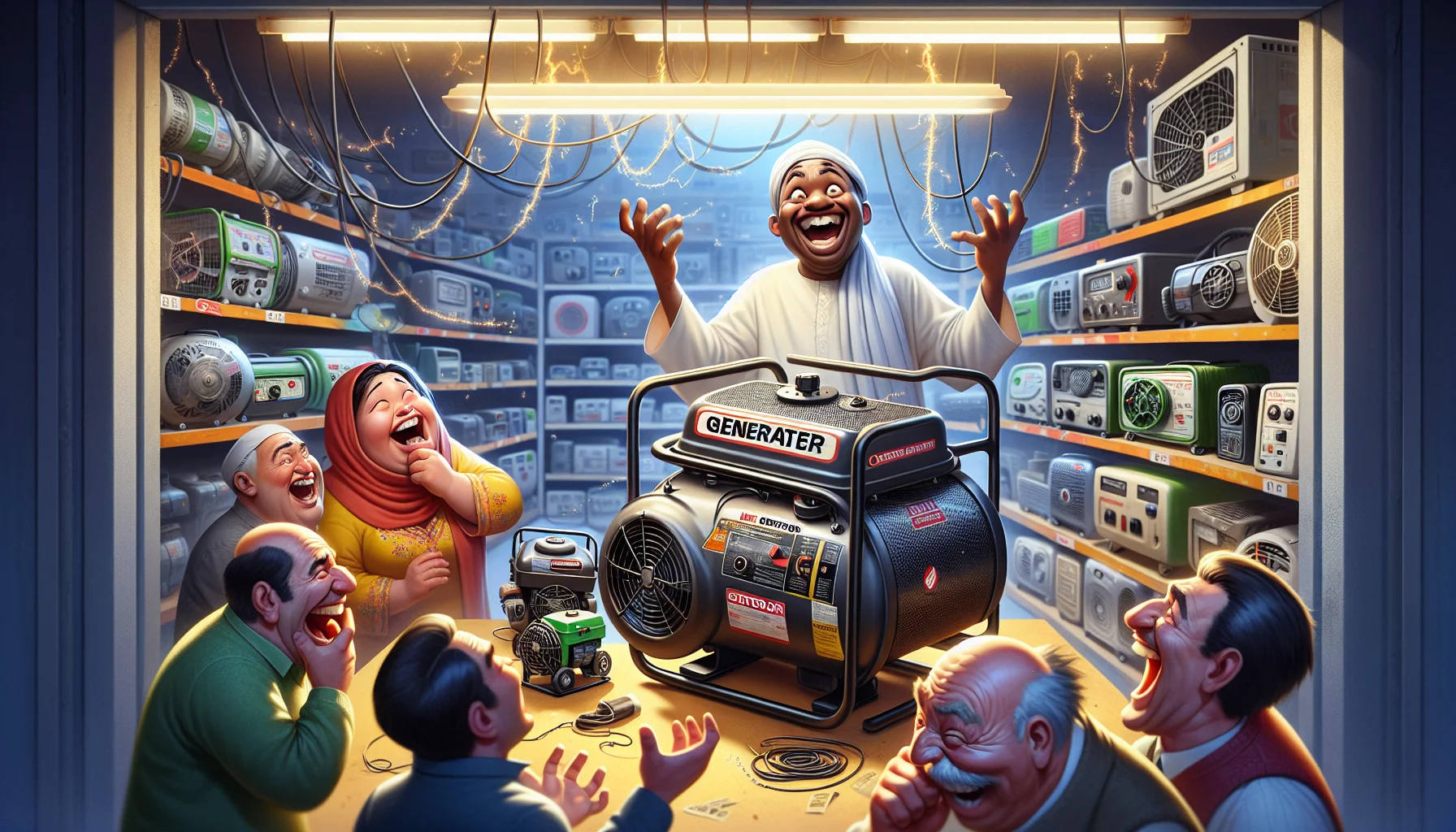 Create a humorous scene taking place in an electronics shop. A variety of indoor generators, with diverse designs and sizes, are displayed prominently. A confused Middle-Eastern store clerk is enthusiastically explaining the functionality of the generators to a group of customers: a South Asian woman laughing, a black man holding his stomach in fits of laughter, and a white elderly man chuckling behind his hand as he inspects a large, old-fashioned generator. Little sparks of electricity crackle from the generators, adding an element of fantastical farce to the scene.