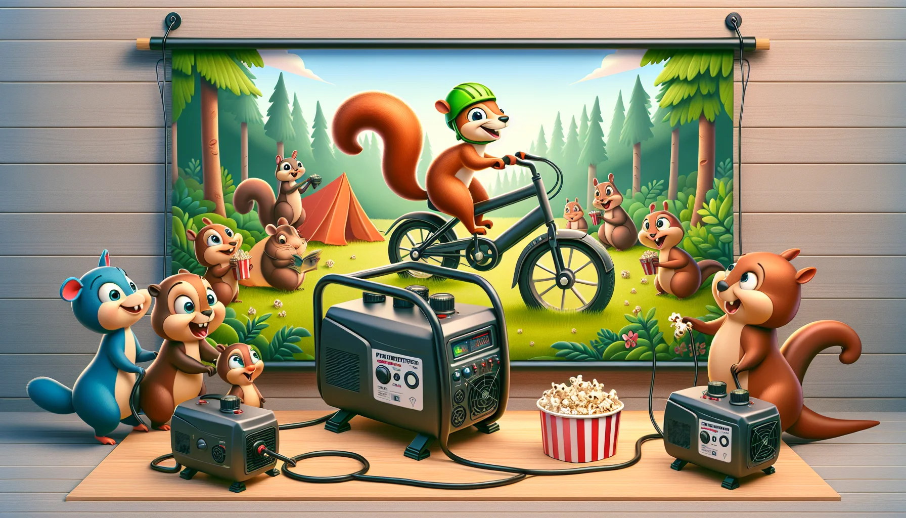 Design a humorous and engaging scene centered around a parallel kit for inverter generators. Picture a camping backdrop in a lush forest populated by friendly and comical woodland animals. Against this backdrop, two parallel-connected inverter generators, styled to look like hard-working ants with safety helmets, are energetically funneling energy. Spirits are high among the animals who are staging an open-air woodland cinema event, taking turns to ride a stationary bike attached to the generators. The squirrel, for instance, is pedaling like a little champion, while other animals are waiting in line, munching on popcorn, completely enthralled by the human activity replicated by these friendly woodland characters.