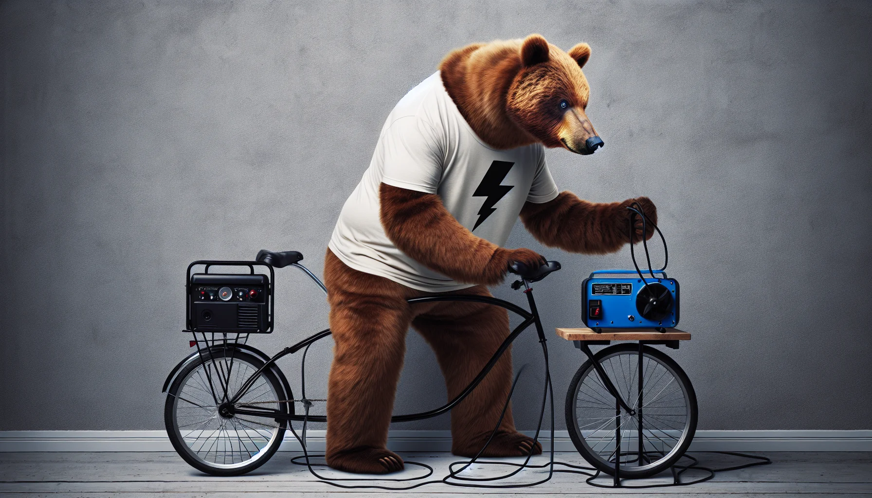 Create a realistic scene featuring an anonymous individual humorously dressed as a bear (modeled on the size and appearance of the Kodiak bear) with a lightning bolt symbol on his shirt. This individual is fiddling with a bicycle-powered generator. The caption etched at the bottom of the image says 'Bears Powering the Future', humorously drawing a connection between the bear costume and the act of generating electricity.