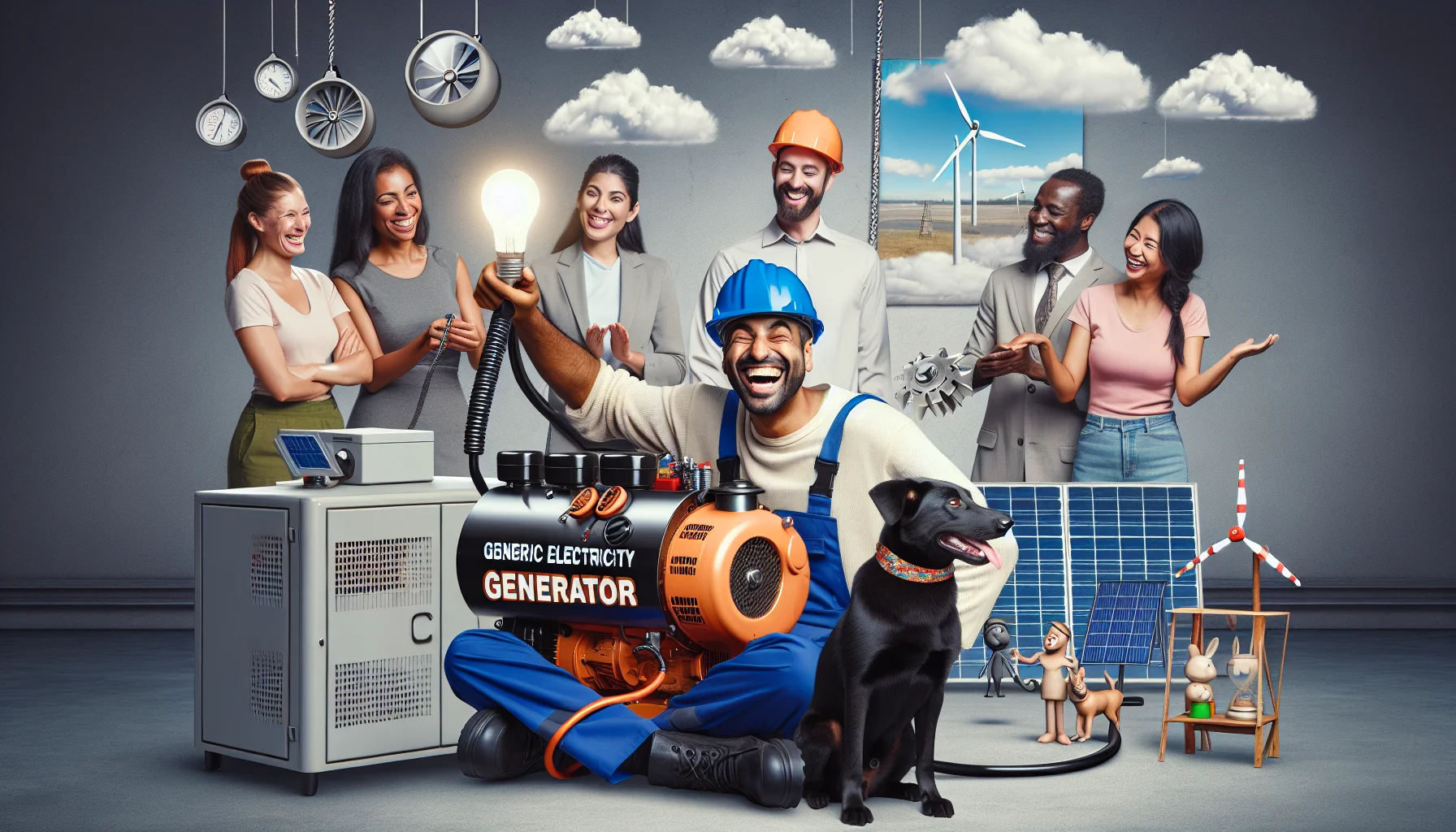 Create a humorous imagery in a realistic style showcasing a generic electricity generator category. Visualize a South Asian man in an electrician's outfit, cheerfully pampering a large generator as if it is his pet. Around them, a group of mixed race people - Caucasian woman, Hispanic man, and Black woman - watch in amusement, each holding renewable energy gadgets like a solar cell and a windmill model, smiling as they see the generator purr to life and light up a lamp. The image should evoke a sense of fun and motivation to generate electricity.