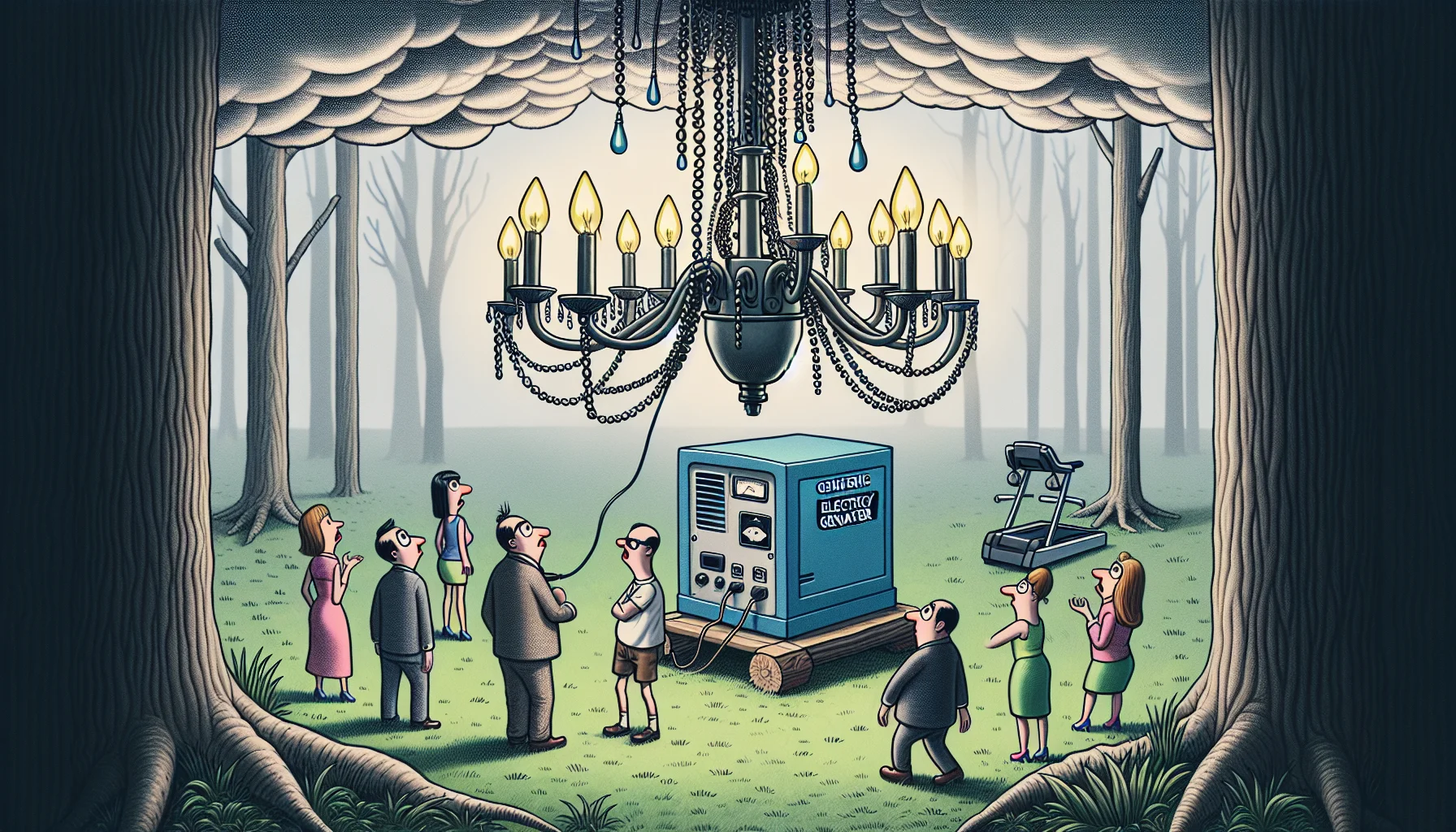 Create a humorous and realistic scene showcasing a high-quality, generic electricity generator filter. The setting is a cartoonishly overcast day, and the filter is helping power a variety of amusingly ill-suited electrical devices outdoors. For instance, this might include an elaborate indoor chandelier hanging from a tree or an electric treadmill on a hiking trail. The filter works flawlessly, causing bystanders - a group of mixed gender and diverse racial descent, including Caucasian, Hispanic, and Middle-Eastern - to stare in surprise and amusement, considering their own switch to generator power.