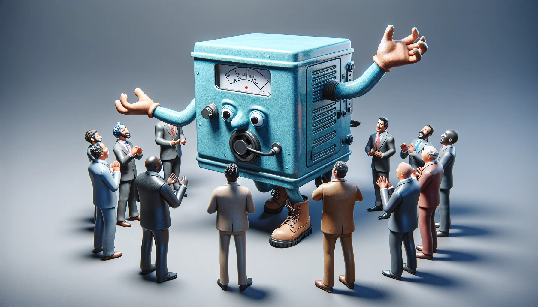 Generate a detailed and realistic image featuring a non-real, humorous character, who resembles a generator named 'Lifan Filter', in an amusing scenario. The character is ceramic blue with a rectangular body, has eyes on the upper front, and appendages that could be perceived as hands and feet. It playfully attempts to persuade a small crowd of people, made up of men and women from different descents such as Caucasian, Hispanic, Black, Middle-Eastern, and South Asian. The scene oozes with hilarity as Lifan Filter, displaying exaggerated gestures of persuasion, extols the benefits of generating electricity in an environmentally friendly way.