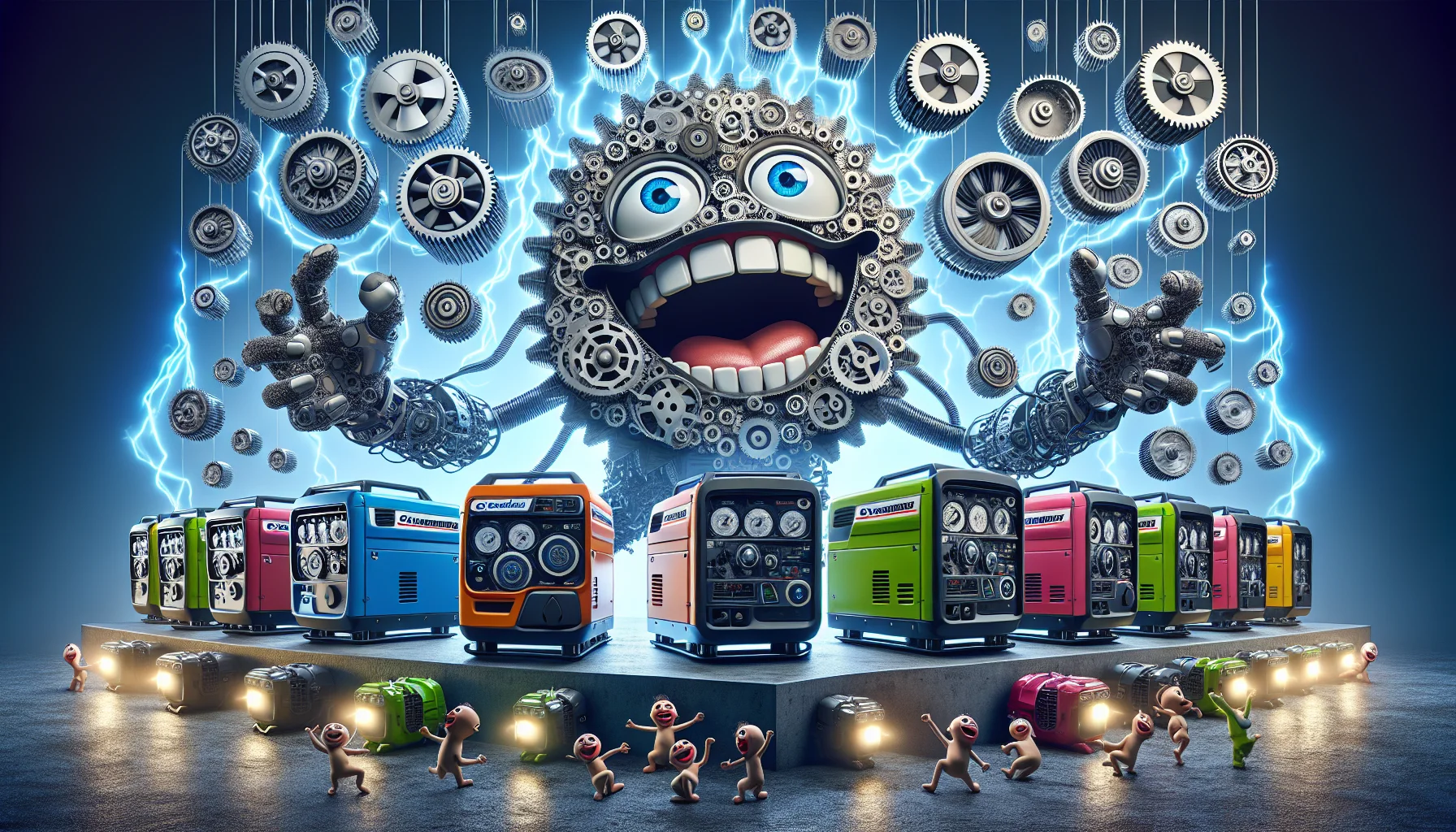 Imagine a humorous scene where a large and funky cartoon character, made entirely of cogs and gears, enthusiastically shows off a series of different Onan Generators. The cartoon character is exuberantly playing the role of a salesperson, using over-the-top techniques to capture the viewer's attention. The generators are stylized, in bright colors, and seem to create electricity with such dazzling brightness and power that they create a disco-like atmosphere. A few smaller characters are seen dancing in the generated lights, all with excited and amazed expressions. The image juxtaposes the technicalities with laughter and joy invoking the idea of electricity generation as amusing and fun.