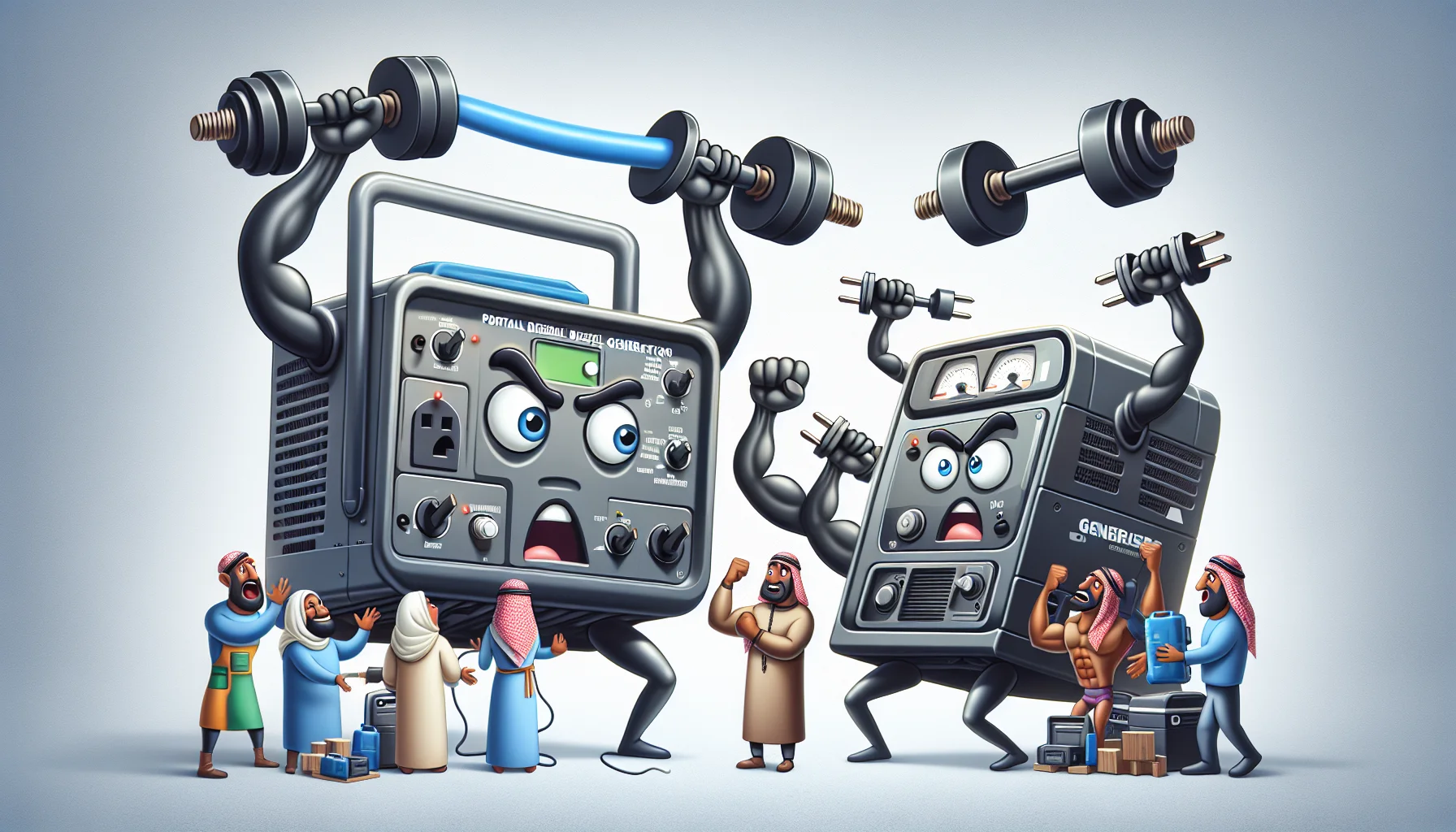 Imaginative picture of two different portable diesel generators in a hilarious situation. They're anthropomorphized with cartoon-like, expressive faces and are engaging in a friendly rivalry. One is showing off its strength by lifting weights symbolizing heavy power output, while the other boasts many plugs, symbolizing multiple power outlets. There are human observers, a woman of Middle-Eastern descent looking amazed and a man of African descent chuckling. This image intends to promote the concept of generating electricity on your own, encouraging viewers through humor.