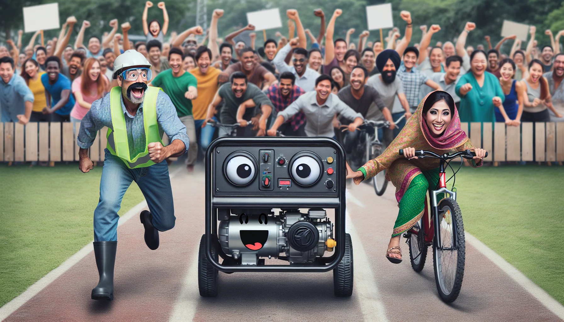 Create an amusing and lifelike scene with a portable diesel generator. Picture a middle-aged Hispanic man, wearing safety gear, playfully racing against a South Asian woman on a bicycle, both trying to produce electricity fast. In the background, a crowd of diverse people, each from different descents, cheering for both. The generator has comic eyes and a smile, personifying it as another competitor. The surroundings should reflect a friendly competition taking place in an open park, enhancing the sense of a community coming together for a fun challenge.