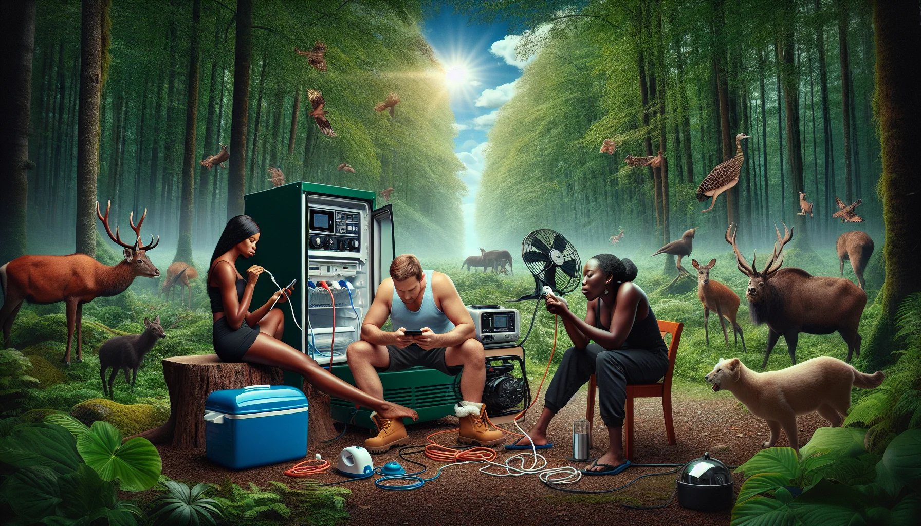 Create a humorous scene that promotes the idea of generating electricity with powerhouse generators. Picture a Caucasian male and a Black female, who are engrossed in using their everyday household appliances in the middle of a lush, remote forest, all powered by a large, humming generator. They are surrounded by curious wildlife. Included are many amenities usually associated with modern urban life, such as a fridge, a TV, an electric toothbrush, and a food mixer among others. The contrast between the natural setting and the artificial amenities, powered by the robust generator, makes for a hilariously absurd scene.