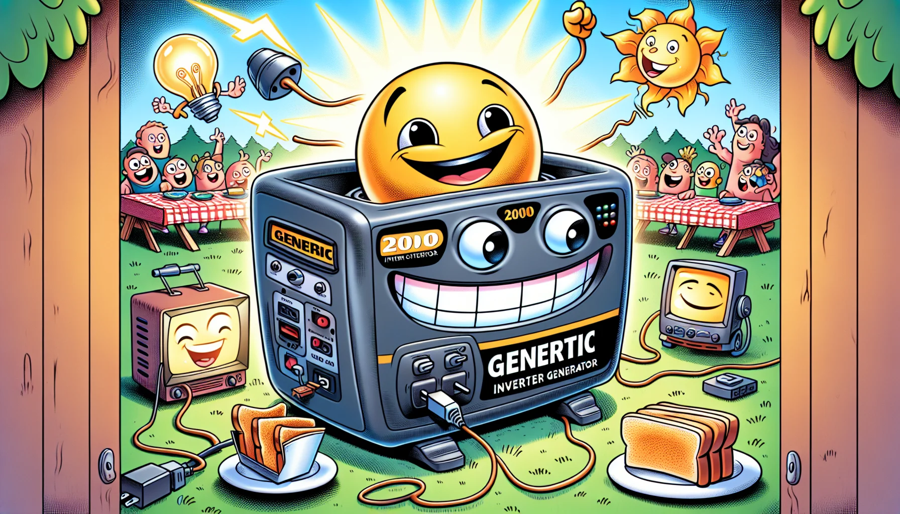 A humorous scene featuring a generic 2000 inverter generator, identical in design to a popular model. It's a sunny day and the generator is personified with cartoon eyes and a wide smile. A line of various appliances, like a toaster with bread popping out, a lamp with a shining bulb, and a small TV displaying a silly cartoon, are happily hopping behind the cheery generator, awaiting their turn to get powered up. The background is a lively picnic scene with people grinning, amazed at the spectacle, pointing with joy and laughter, and preparing to plug their devices in for a power boost.
