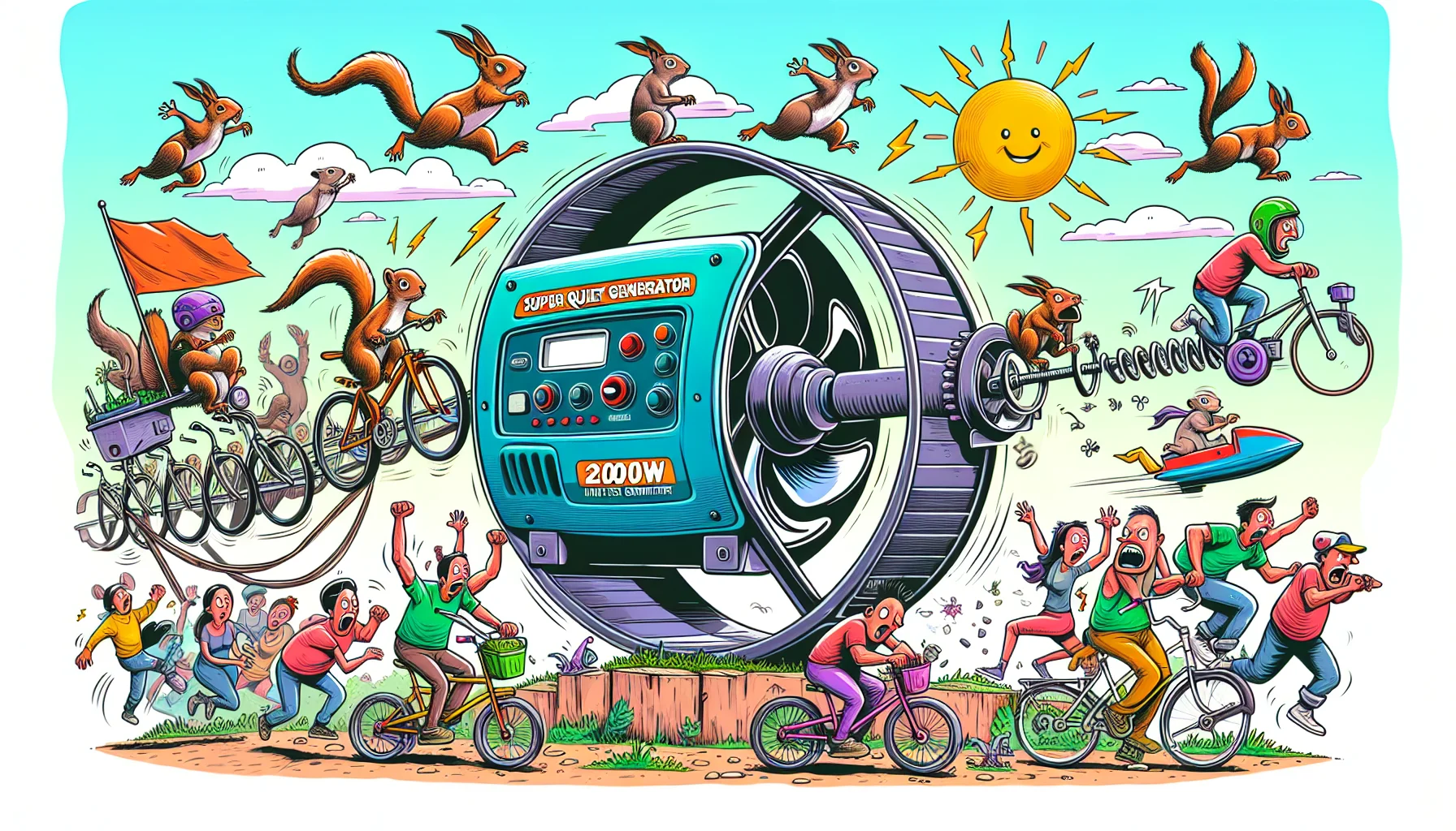 Depict a humorous situation where a nondescript 2000W super quiet inverter generator is being used in unconventional ways to generate electricity. Maybe it's being turned by a group of squirrels running on a giant wheel, or being pedaled by a team of aliens. People around are entertained, showing expressions of surprise and amusement. Include some popping colors, to make the scene captivating and enticing.