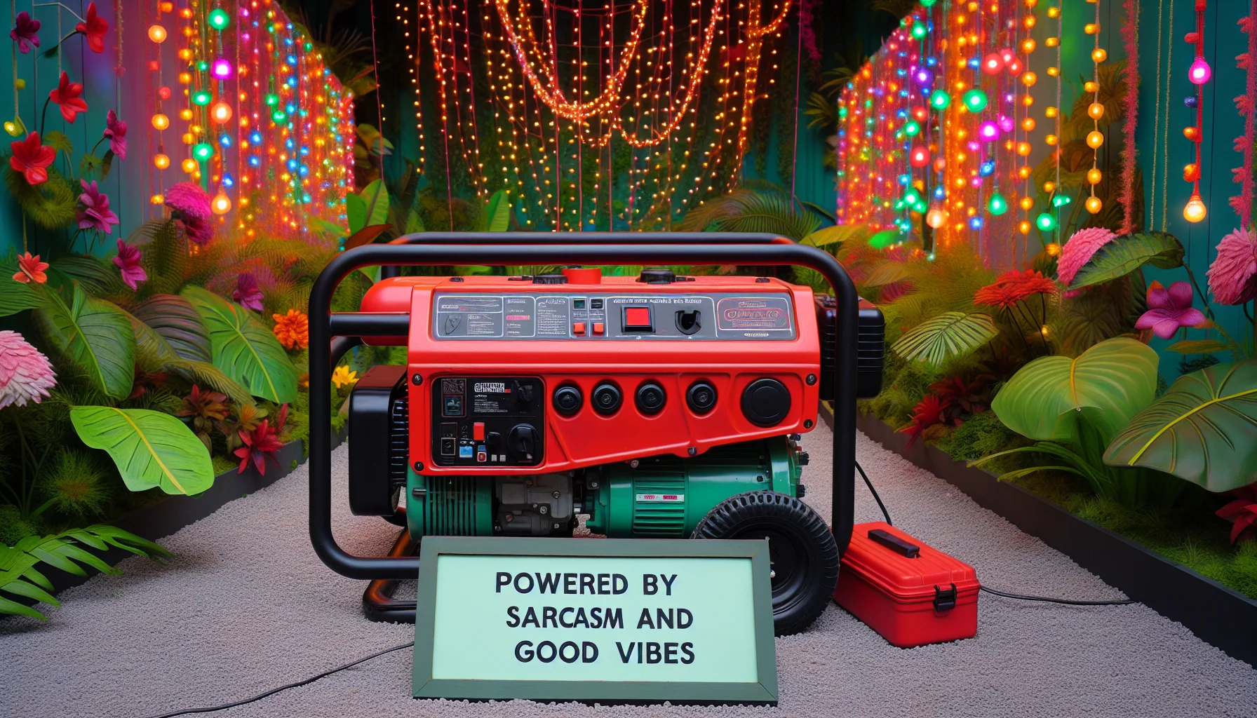 Visualize a portable generator similar to the aesthetics of a model created in 3500, nestled within an amusing scenario to encourage people to generate their own electricity. This generator is robust and colored in bright red, with black contoured lines and a sturdy handle on top. Sitting cheekily in a vivid, lush outdoor setting, an array of multi-hued party lights are draped carelessly around it, illuminating a sign next to it that playfully declares 'Powered by Sarcasm and Good Vibes'. The theme is meant to be light-hearted, emphasizing the importance and ease of self-sufficient energy production in a fun, engaging manner.