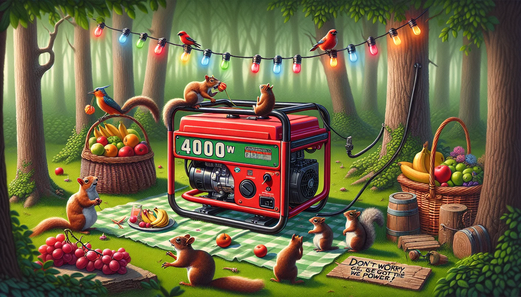Create a realistic image depicting a 4000W generator, painted in bright red. It's placed in a hilarious setting: in the middle of a picnic, next to a basket full of fruits, surrounded by woodland creatures seemingly participating in the picnic. The squirrels are attempting to turn it on, while birds are perched on top, chirping in amusement. The generator is plugged into a string of colorful fairy lights hanging from the trees, and a sign next to it humorously reads 'Don't worry, we got the power!' This whimsical scene playfully encourages the concept of generating electricity.
