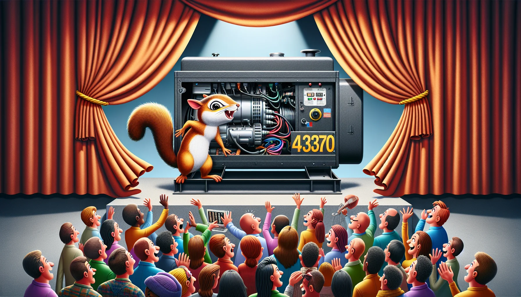 A humorous scene featuring a nondescript power generator revealed by a large curtain held by an animated squirrel. The generator is placed on a pedestal, proudly shimmering under a perfectly positioned spotlight. It proudly displays the number 4375 painted in bold colors. A cheering crowd of diverse people expresses their astonishment and fascination. Include people of mixed genders and different descents like Caucasian, African, Asian, Hispanic, and Middle-Eastern. They all gaze at the generator, some with jaws dropped, others nudging their companions in disbelief. To enhance the humor, some people are holding household appliances to plug in, like an oversized blender, a lamp, or a hairdryer.