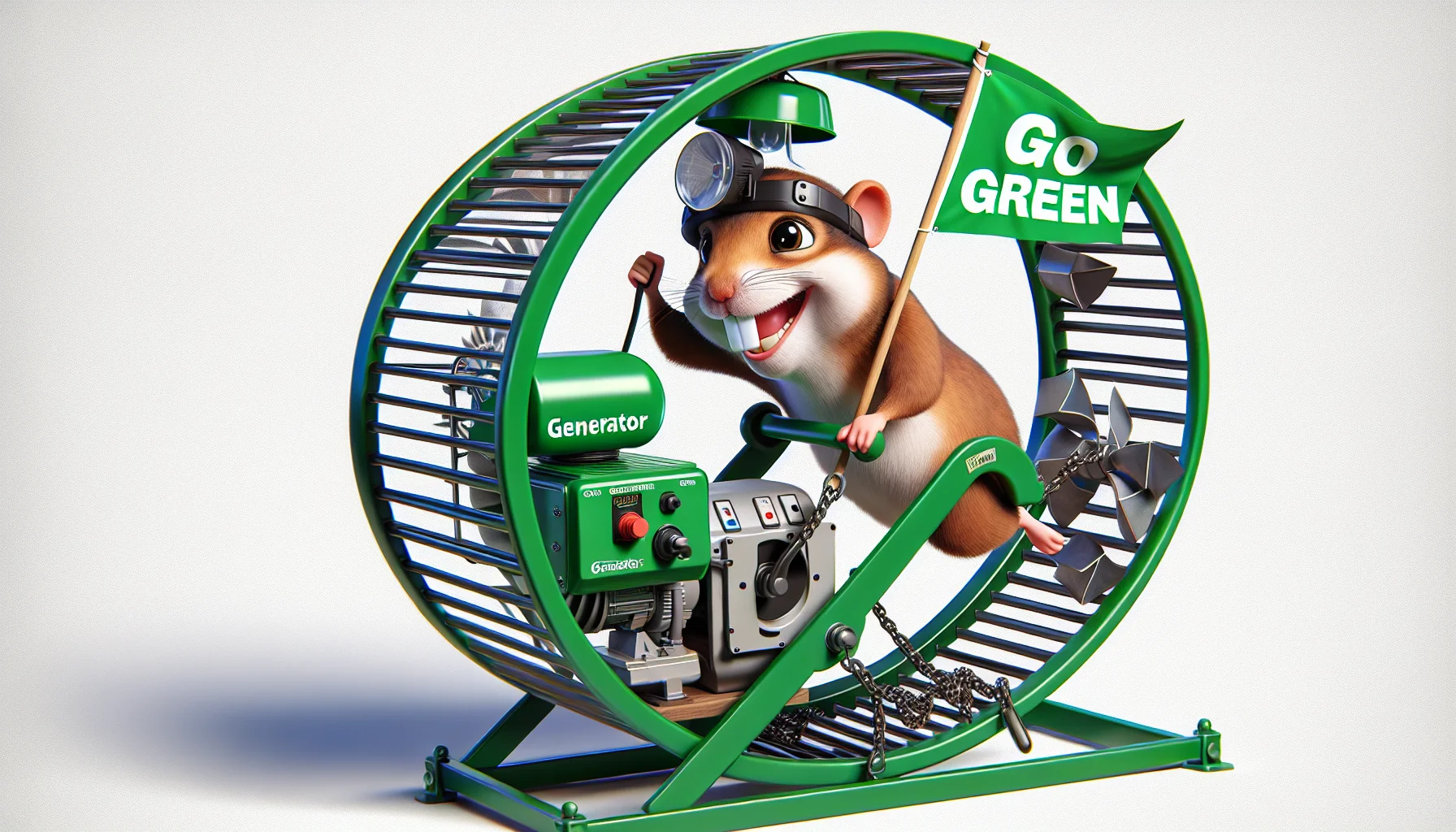 Create a humorous and enticing image in a realistic style displaying a Predator Generators Filter. Imagine this whimsical scene where the generator is placed in an exaggeratedly large hamster wheel. A cartoonish, anthropomorphic hamster is running in it, wearing a safety helmet and holding a flag with the word 'Go Green' on it. This suggests the idea that the hamster is powering the generator, encouraging people to create their own electricity in fun, eco-friendly ways.