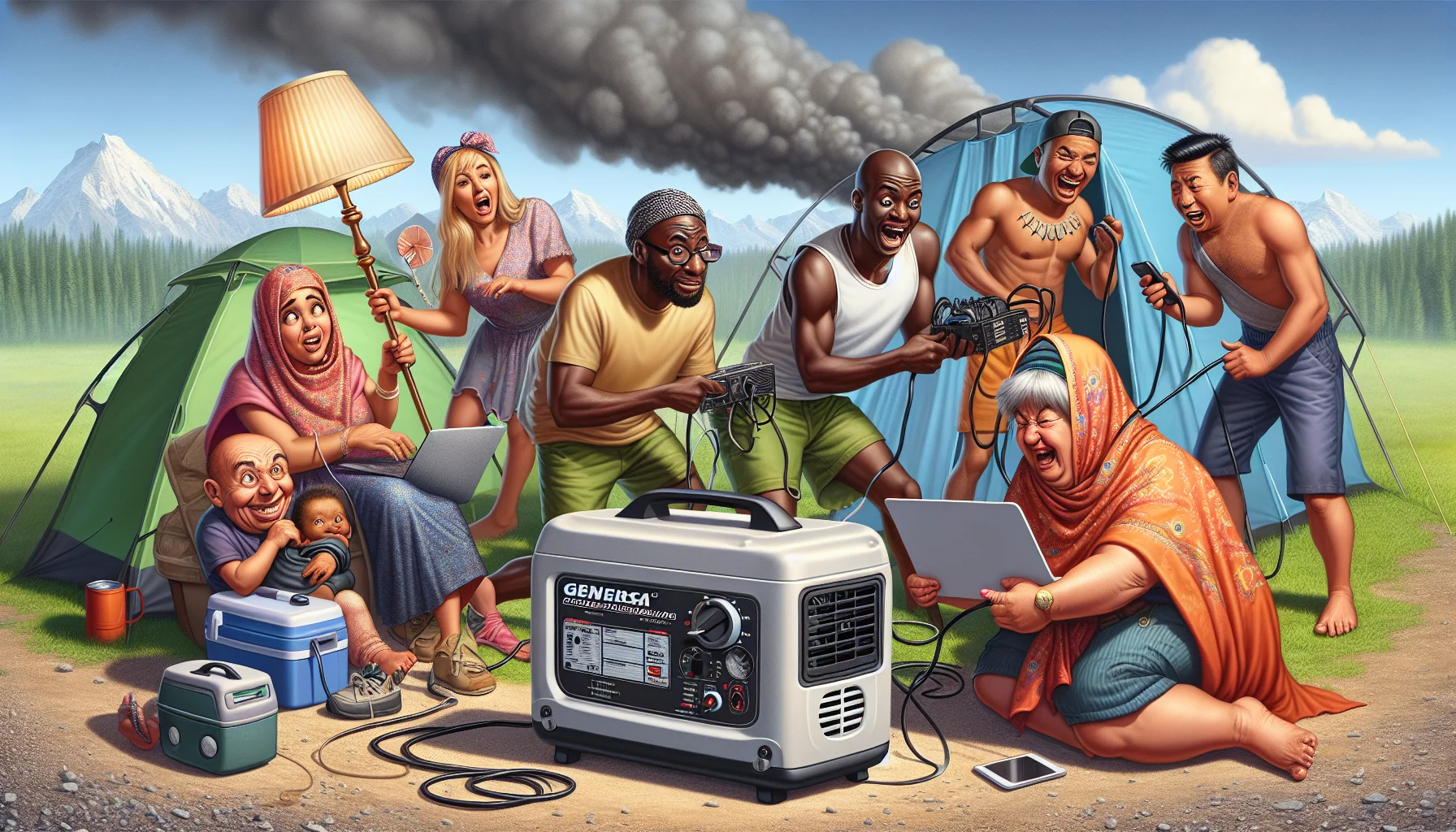 Create an image of a humorous scenario featuring a generic portable generator model, similar to the Pulsar 5250 Generator. Imagine a group of diverse people powering their electronic gadgets in a remote camping location. One person, a Caucasian woman, tries to charge her massive, oversized lamp while a Black male attempts to power a tiny, mini fridge. A Middle-Eastern man looks baffled trying to connect his old television set. South-Asian woman is laughing while charging her laptop. The scene should elicit laughter and highlight the absurdity of using heavy home appliances in an isolated, outdoorsy setup, thus enticing people to generate electricity.