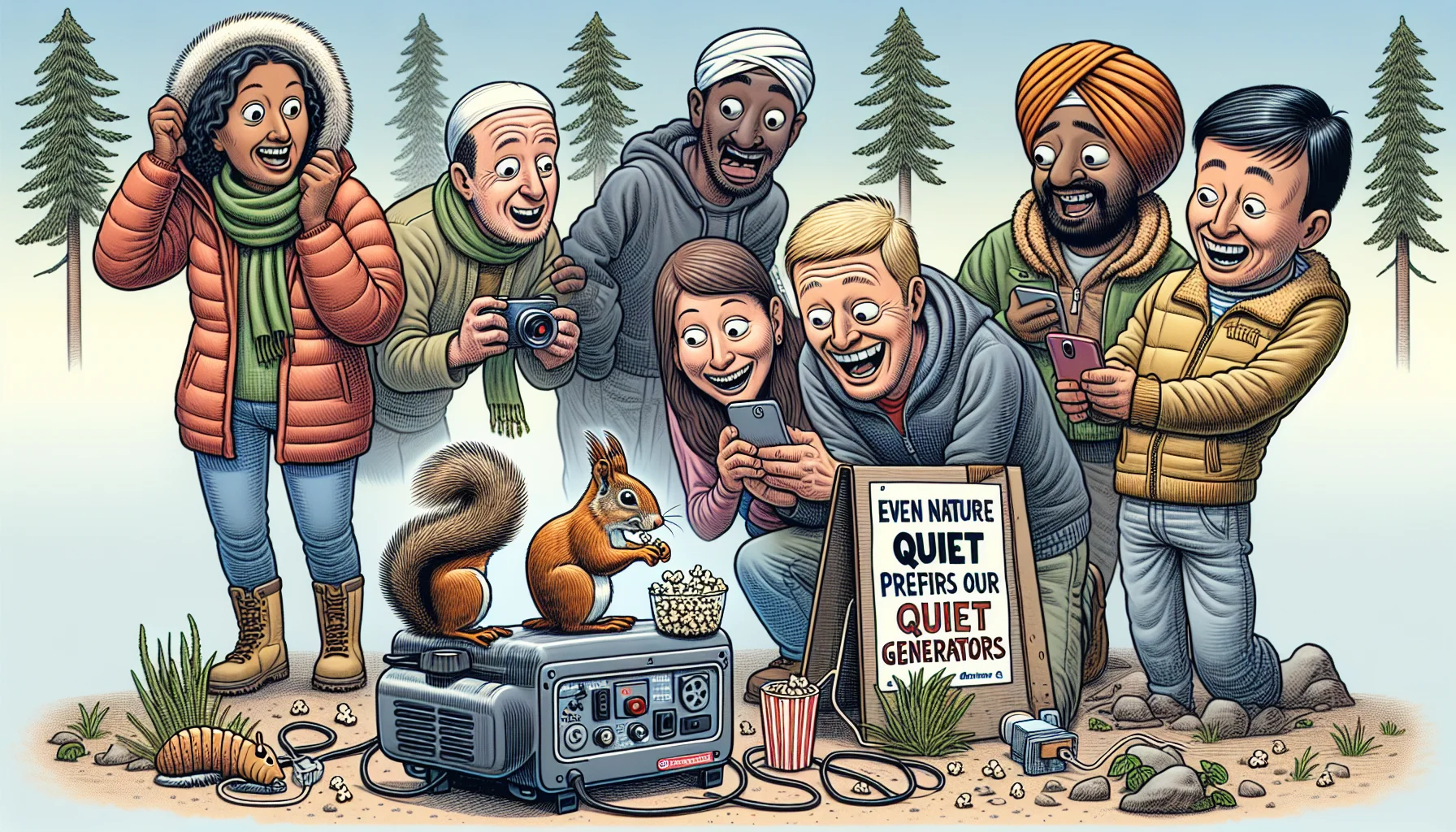 Draw an amusing scene set in an outdoor camping setting with diverse people of different genders and descents. A Caucasian woman and a Black man are curiously observing a squirrel ingeniously using a miniature quiet generator to make some popcorn, while a laughing Middle-Eastern man is filming the scenario on his cell phone. A South Asian woman is showing a poster that humorously says 'Even Nature Prefers Our Quiet Generators'. Their Asian male friend is excitedly showing the socket on the generator where they can plug their devices. This image is intended to humorously promote the concept of quiet generators for electricity production.
