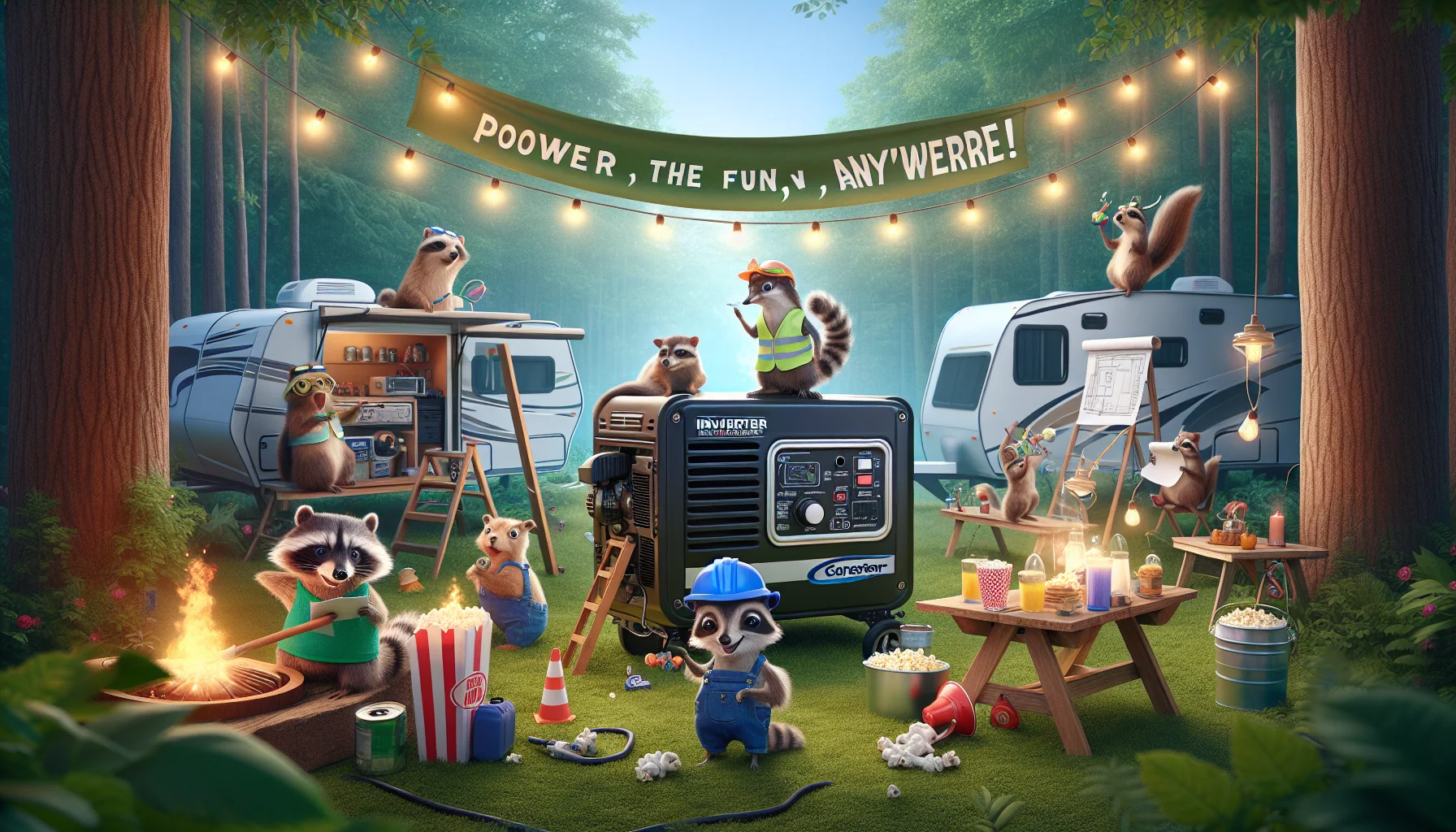 Imagine a humorous scene with RV Inverter Generators set against a lush, verdant campground backdrop. In the scene, a group of whimsical woodland creatures, such as raccoons wearing safety gear, squirrels with tool belts, and birds with blueprints, operate these generators. They are busily generating electricity to power a small, festive celebration complete with fairy lights, a popcorn machine, and a tiny stage for a solo bird performer. Add captivating slogans such as 'Camping with a Spark' and 'Power the Fun, Anywhere!' to make it an enticing advertisement for RV inverter generators.
