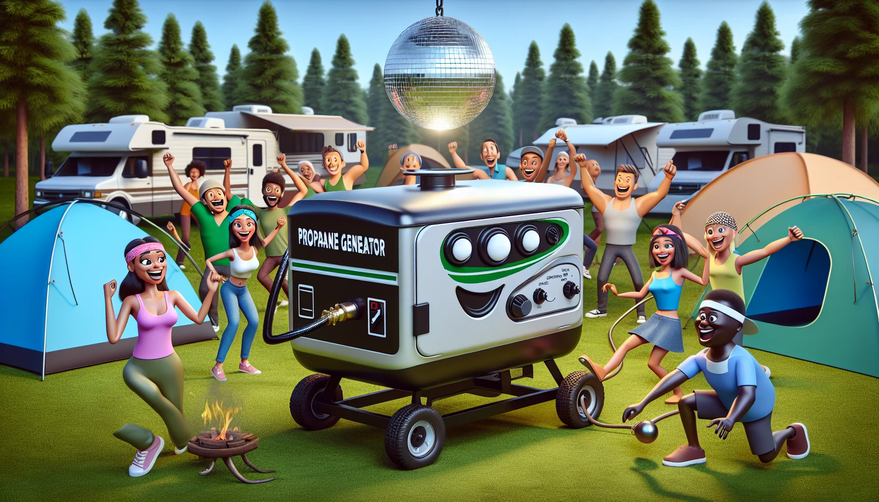 Visualize a humorous scenario featuring an RV propane generator. Have the design of the propane generator be anthropomorphized, with fun cartoonish traits like expressive eyes and arms, working enthusiastically to create electricity. Make it the central figure in an engaging outdoor camping setting, surrounded by a group of amused campers of diverse genders and descents, such as Caucasian, Hispanic, Black, Middle-Eastern, South Asian people equally represented, who are contributing in their own quirky ways to the process. The electricity generated is lighting up unusual things like a disco ball hanging from a tree or a novelty giant light bulb, and you can see the delight on campers' faces, hence suggesting the excitement of generating electricity.